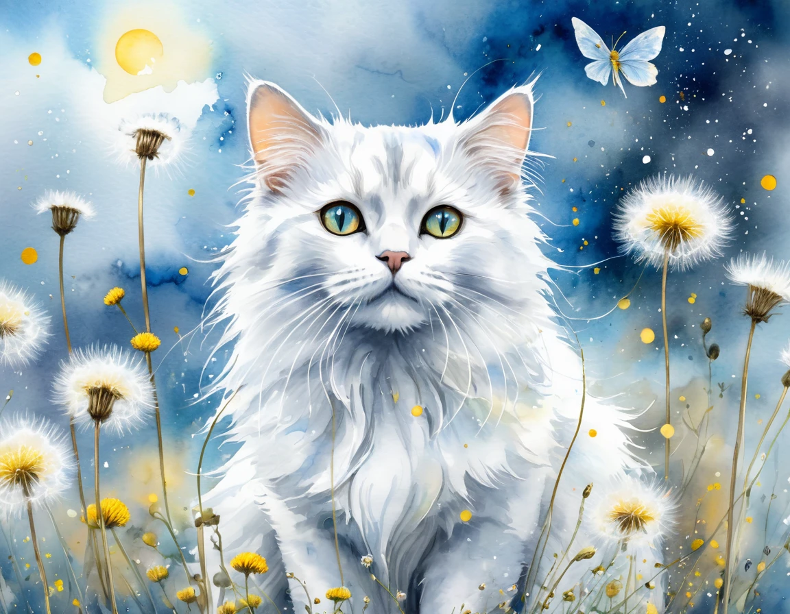 Watercolor and wet ink oil, wind art, etheral atmosphere. Background gray blue cloudy. Splatters, faerie dust and gold lines. Foreground a white cat sitting staring in the sky the dandelions seeds as faerie dust with some daisie and dandelions. Pastel and natural colors. Award wining prize painting. UHD 8K