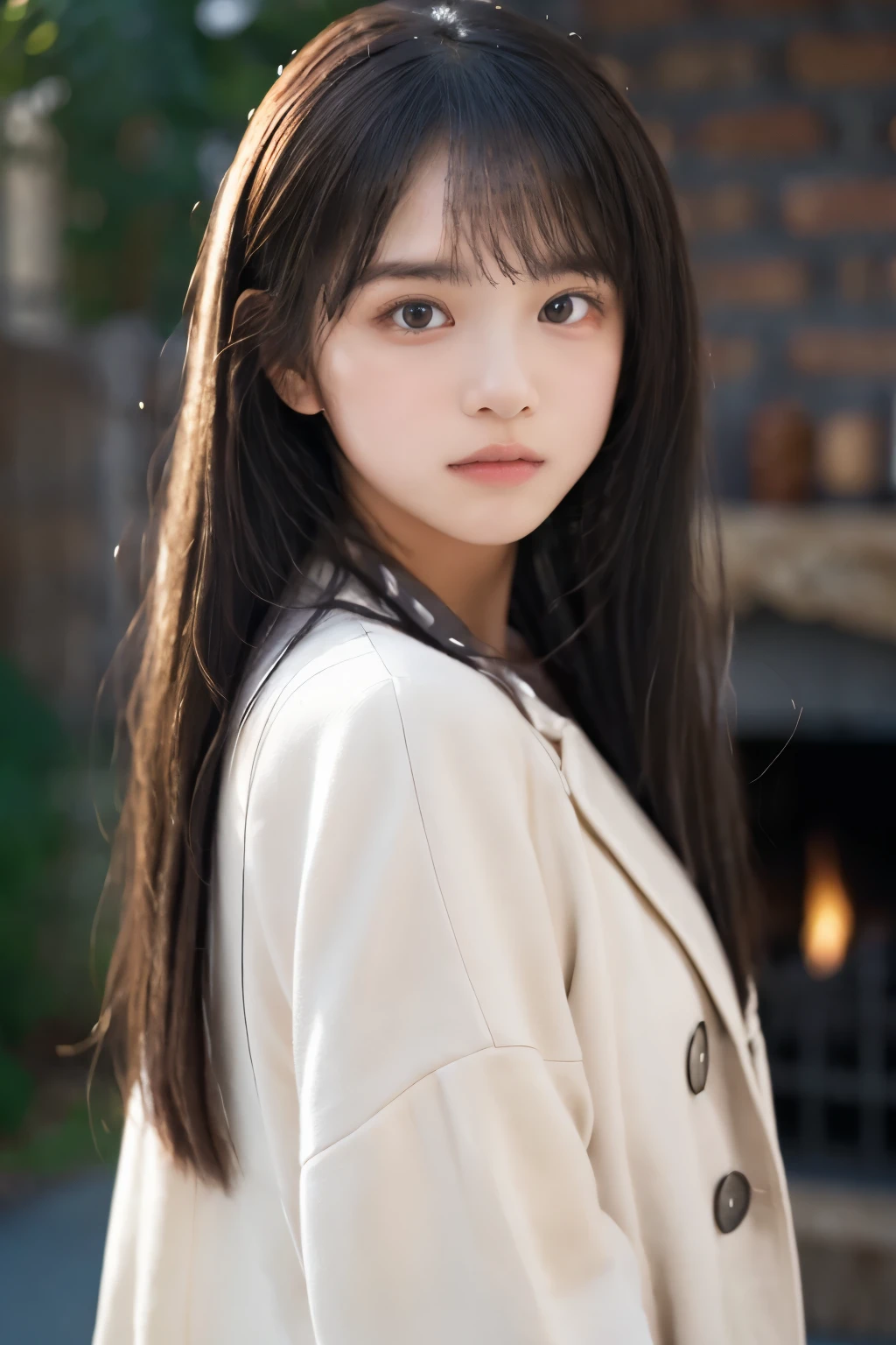  (8k, RAW Photos, highest quality, masterpiece:1.3), (Realistic, photo-Realistic:1.4), (Highly detailed 8k wallpaper), Sharp focus, Depth of written boundary,
 Japanese Idols,very cute, ,(coat: 1.3),(Long and straight hair :1.3 ), Upper Body, Highly detailed face and eyes,(Shiny skin:1.2),Cinema Lighting, Soft Light, Blur the background, Bokeh , ( Dynamic pose:1.3), (It&#39;s snowing outside、A winter café with a warm fireplace inside)