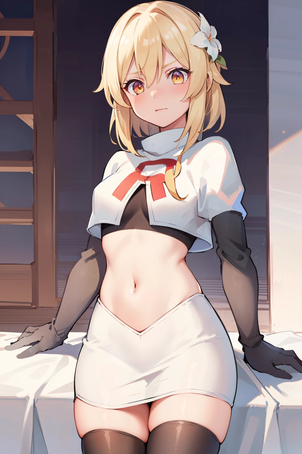lumine \(genshin impact\), 1girl,flower,Blond hair,cute,hot,blushed,golden eyes,perfect eyes,expressive eyes, team rocket,team rocket uniform,white skirt,red letter R,crop top,black thigh-highs,black elbow gloves