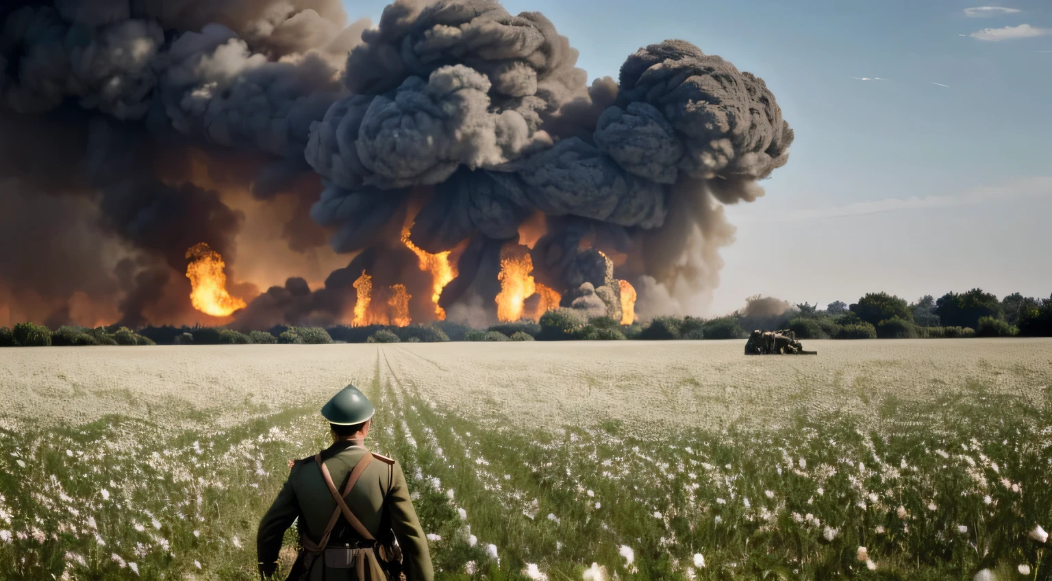 Anime, Segunda Guerra Mundial destruiu zona de guerra; Clouds of smoke caused by explosions, WW2 battle. There's a man and a girl with guns, andando separados, Walking through a field destroyed by fire, plantas e flores mortas, filme ainda 8K, A Grande Guerra, 4k ainda, Maria como um soldado da Primeira Guerra Mundial, ww1 foto do filme, primeira guerra mundial, standing on the field of battle, standing in a flower field, fundo do campo de batalha, Standing in the field of white roses, in high resolution of field, 8 k filme ainda