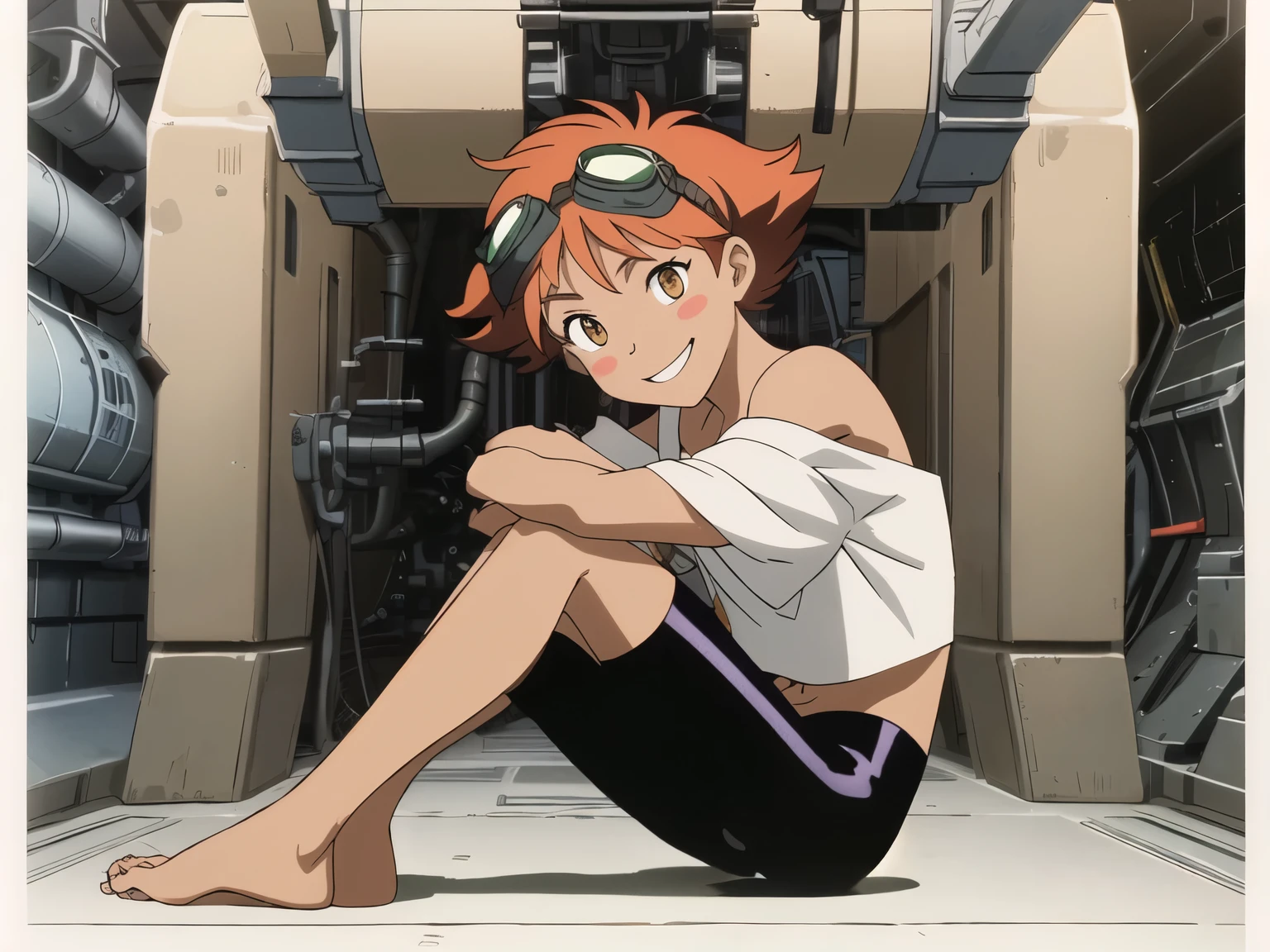 Edward, midriff, orange hair, blush stickers, (tanned skin) (white loose shirt), off shoulder, bike shorts, brown eyes, goggles on head, smile, space station, engine room, sitting on floor, arms around legs, bare feet, feet focused, detailed feet, (insanely detailed, beautiful detailed face, masterpiece, best quality ,