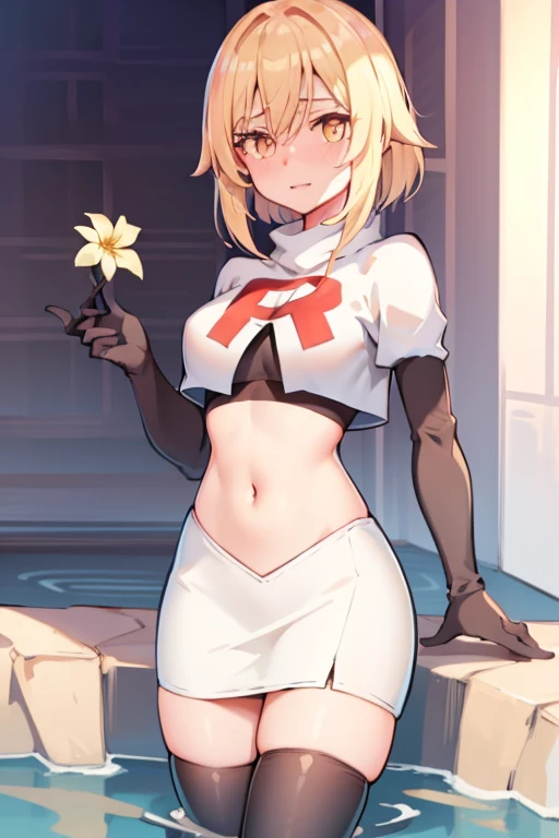 lumine \(genshin impact\), 1girl,flower,Blond hair,cute,hot,blushed,golden eyes,perfect eyes,expressive eyes, team rocket,team rocket uniform,white skirt,red letter R,crop top,black thigh-highs,black elbow gloves