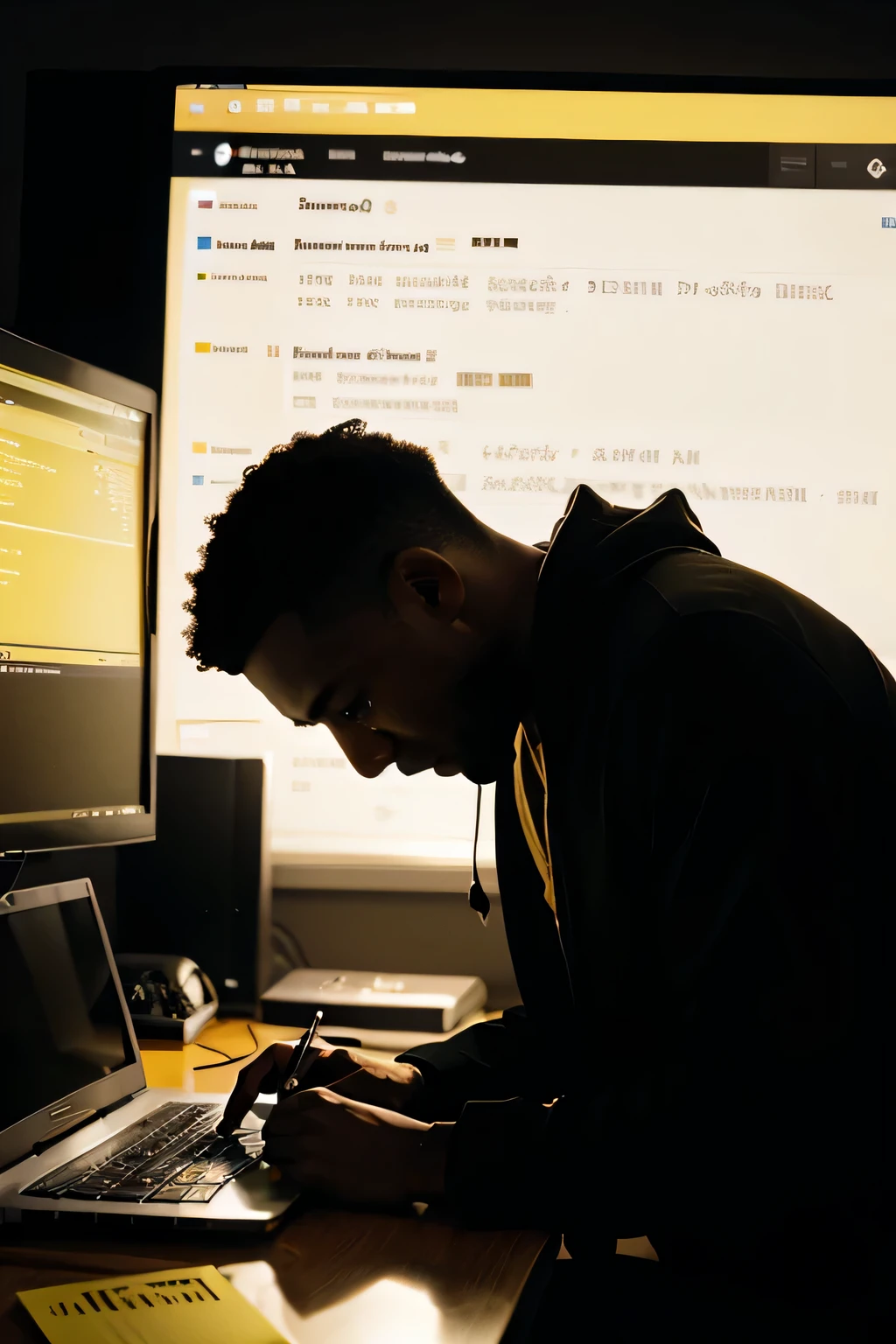 database, javascript, shades of yellow, binary programming, a black man programming in a notebook with, side profile camera, just the silhouette, showing a bit of the notebook's screen