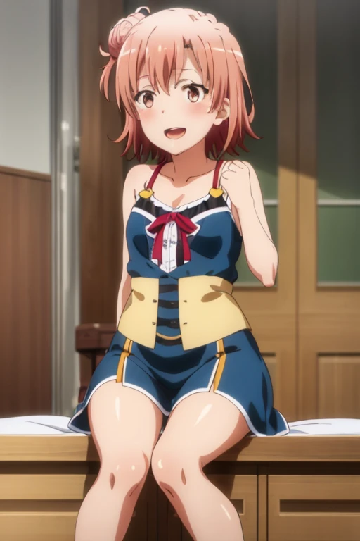 ((highest quality)), ((masterpiece)), (be familiar with), Perfect Face, indoor, Bedroom, Watching the audience,
One woman, Yuigahama Yui,
Open Mouth, Ecstatic expression, blush, smile,
Small breasts, Flat Chest, Young Girl, , , Girl,
Short Hair, Salmon-colored hair, Salmon-colored eyes, Side Pony,
Leg spread,