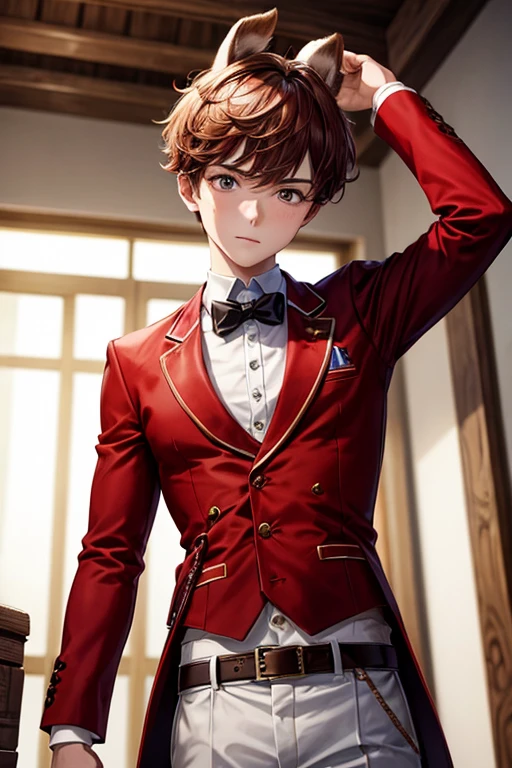 Boy with reddish brown hair, Peruvian suit, red shirt, white pants, black eyes, slim complexion, llama ears on his head, horse belt, short stature