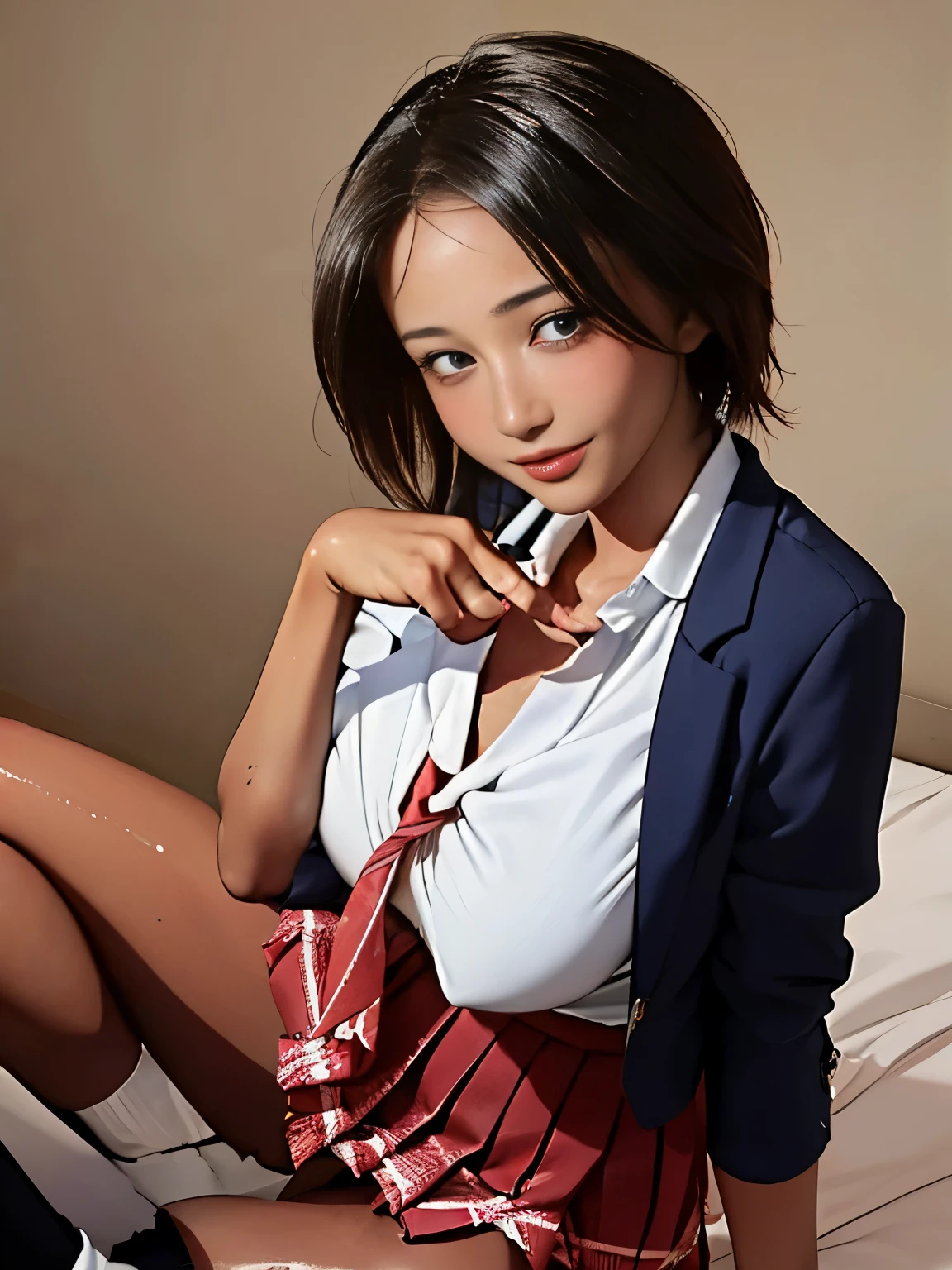 (masterpiece:1.2, highest quality), (Realistic, photoRealistic:1.4), Beautiful illustrations, (Natural Side Lighting, Cinema Lighting),
View your viewers, Cowboy Shot, Front view, close:1.5, 1 girl, high school girl, Perfect Face, Cute and symmetrical face, Shiny skin, White skin、Seductive pose,
(short hair:1.2, Bobcut:1.2, Black Hair), Hairline, Asymmetrical bangs, blue eyes, 長いeyelash, (Large Breasts:0.9, Thin thighs), ((Oilskin,Glowing Skin、Realistic skin texture、Beautiful skin in every detail、Shiny skin、Slimy skin、Shiny skin、Shiny skin)), White skin, Real human skin, (Familiar), Oval Face, pore, Ultra-high resolution, (8k, RAW Photos, Realistic: 1.4), One Girl, slim, (kind, Goddess-like eyes) happiness: 1.2), (Lip gloss, eyelash, Terrible face, highest quality, Ultra-high resolution, Wide Lighting, Natural Shading)、Sexy Girl、Absolute area、long beautiful thin legs、If the length is(Sexy smile expression:0.8, )
Beautiful Hair, Beautiful Face, Beautiful fine details, Beautiful clavicle, Beautiful body, Beautiful breasts, Beautiful thighs, Beautiful feet, Beautiful fingers,
((Navy Blazer, Light blue collared shirt, Navy Pleated Mini Skirt, socks, Red ribbon tie)), Pink Panties,
(Beautiful views), evening, Bedroom, Lie in, Hands on the bed, (I'm in tears, Upward glance), (((Big Breasts))),