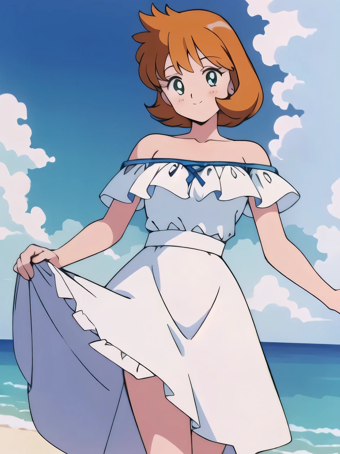 (retro anime girl:1.2), (white dress:1.1), (masterpiece:1.2), (best quality), (ultra detailed), (8k,4k), (half body:1.2), (cowboy:1.2), (close up:1.2), (highly detailed:1.2), (Ruffle Off-the-shoulder top:1.4), (Maxi skirt:1.4), mistymature, 1 girl, solo, Best quality, masterpiece, High Definition, Teenager, Green Eyes, Beautiful Detail Eyes, Orange Hair,  Good hands at sides, Smile, Blushing, Bare Neck, Bare Arms, Bare Shoulders, short sleeve, Strapless, White Ruffle Off-the-Shoulder Top, White Off-the-shoulder Dress, White maxi dress, walking on the beach with bare feets, Background, blue skies, Close up,