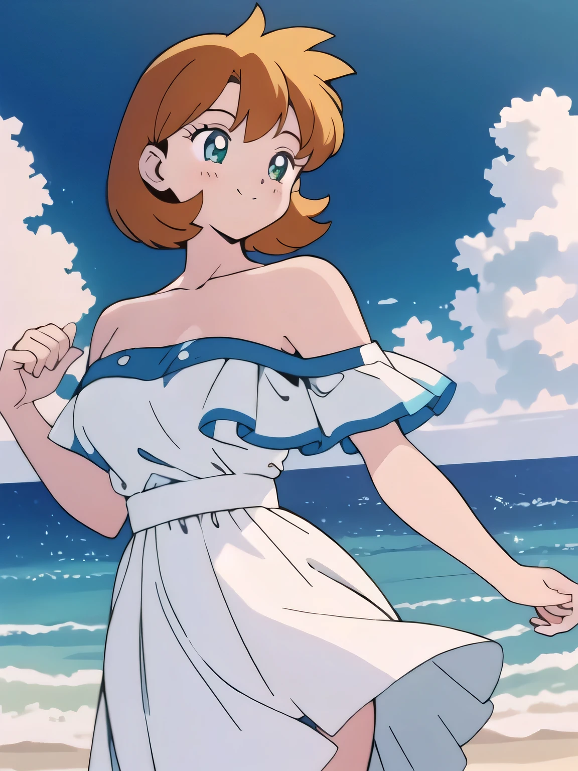 (retro anime girl:1.2), (white dress:1.1), (masterpiece:1.2), (best quality), (ultra detailed), (8k,4k), (half body:1.2), (cowboy:1.2), (close up:1.2), (highly detailed:1.2), (Ruffle Off-the-shoulder top:1.4), (Maxi skirt:1.4), mistymature, 1 girl, solo, Best quality, masterpiece, High Definition, Teenager, Green Eyes, Beautiful Detail Eyes, Orange Hair,  Good hands at sides, Smile, Blushing, Bare Neck, Bare Arms, Bare Shoulders, short sleeve, Strapless, White Ruffle Off-the-Shoulder Top, White Off-the-shoulder Dress, White maxi dress, walking on the beach with bare feets, Background, blue skies, Close up,