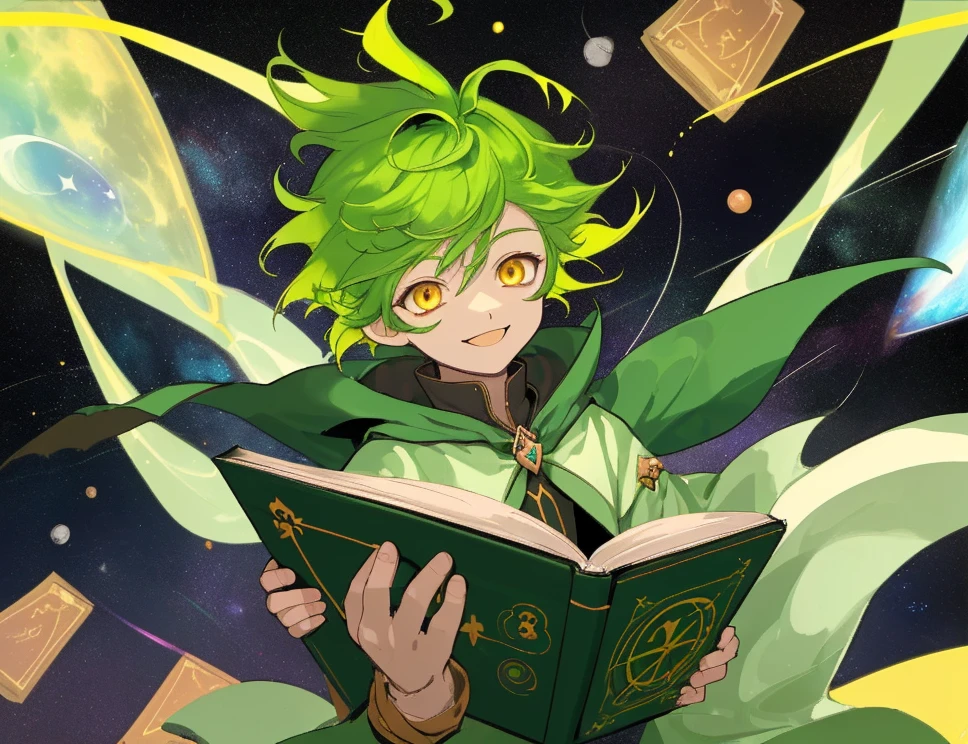 Green hair, yellow eyes. Cute 8 wizard boy. He's floating in space. And he learns a new magic his book. And his smiling.