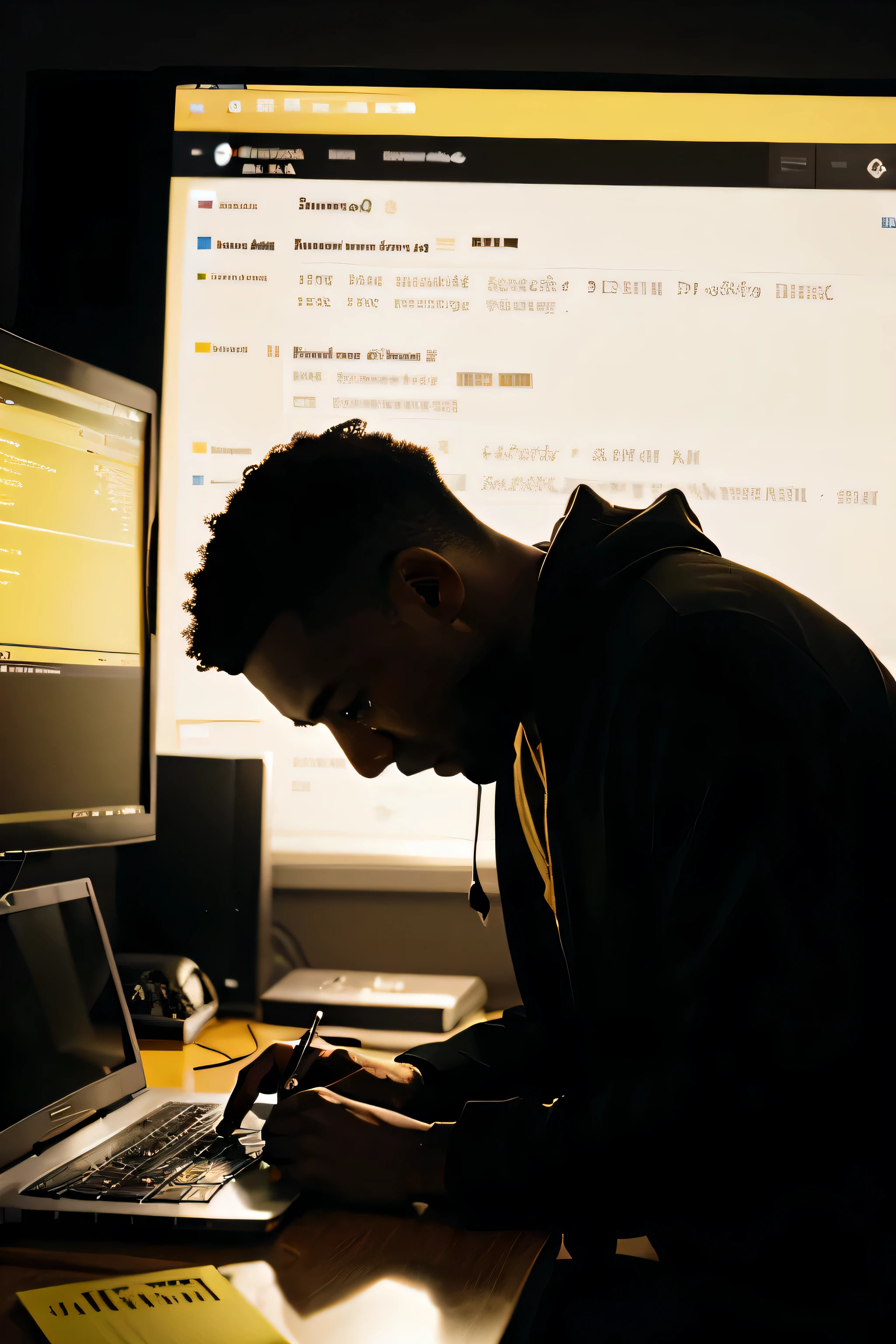 database, javascript, shades of yellow, ry programming, a black man programming in a notebook with, side profile camera, just the silhouette, showing a bit of the notebook's screen