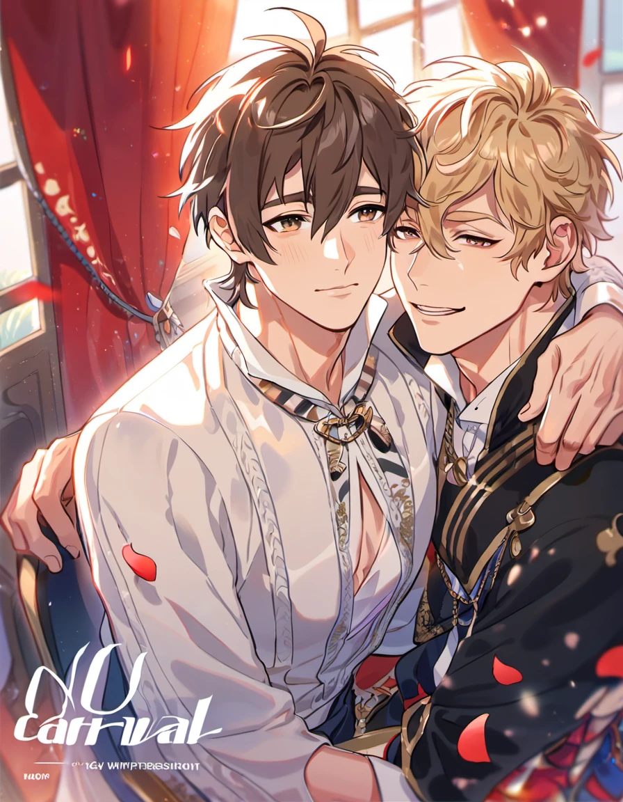 absurdres, highres, ultra detailed, HDR, master piece, best quality, Eiden, brown hair, expressive brown eyes, Nu Carnival, Quincy, blond messy hair, expressive amber eyes, two men together, gay couple, handsome, fantasy black and white clothes, red curtains, window, petals