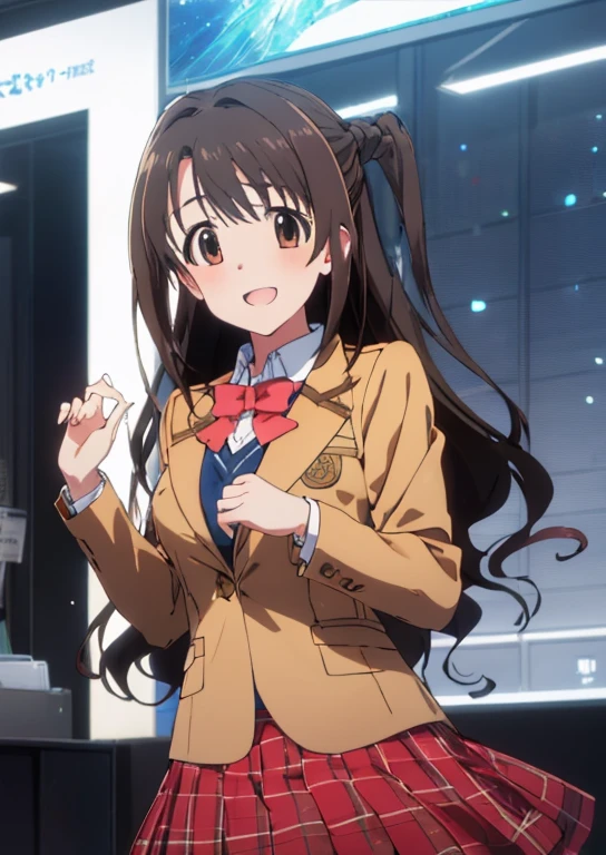 shimamura uzuki  (Idol Master), (highest quality, 8k, masterpiece, Very detailed:1.2), (Lens flare, Particles of light, Shine), Big Breasts, smile, Open your mouth, masterpiece, highest quality, Very detailed, High resolution, Very detailedなCG, , Red bow tie, blazer, Brown jacket, Long sleeve, Checked skirt, Red Skirt , Embarrassing:1.1), (blush:1.2), (orgasm:1.2), Open your mouth, (shout:1.1), (Moving lines:1.1), masterpiece, highest quality, Very detailed, High resolution, Very detailedなCG, Official Art