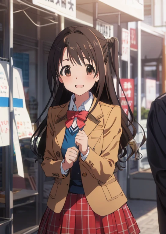 shimamura uzuki  (Idol Master), (highest quality, 8k, masterpiece, Very detailed:1.2), (Lens flare, Particles of light, Shine), Big Breasts, smile, Open your mouth, masterpiece, highest quality, Very detailed, High resolution, Very detailedなCG, , Red bow tie, blazer, Brown jacket, Long sleeve, Checked skirt, Red Skirt , Embarrassing:1.1), (blush:1.2), (orgasm:1.2), Open your mouth, (shout:1.1), (Moving lines:1.1), masterpiece, highest quality, Very detailed, High resolution, Very detailedなCG, Official Art