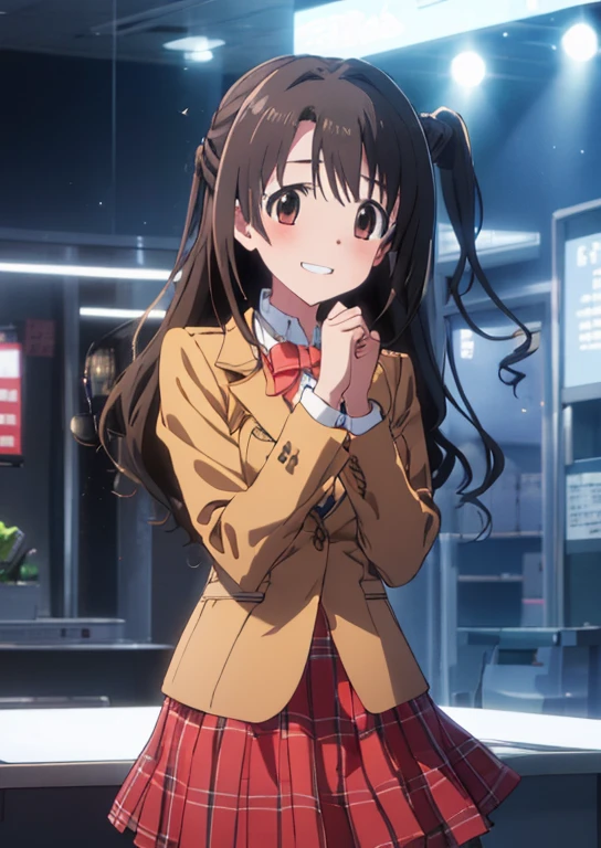 shimamura uzuki  (Idol Master), (highest quality, 8k, masterpiece, Very detailed:1.2), (Lens flare, Particles of light, Shine), Big Breasts, smile, Open your mouth, masterpiece, highest quality, Very detailed, High resolution, Very detailedなCG, , Red bow tie, blazer, Brown jacket, Long sleeve, Checked skirt, Red Skirt , Embarrassing:1.1), (blush:1.2), (orgasm:1.2), Open your mouth, (shout:1.1), (Moving lines:1.1), masterpiece, highest quality, Very detailed, High resolution, Very detailedなCG, Official Art