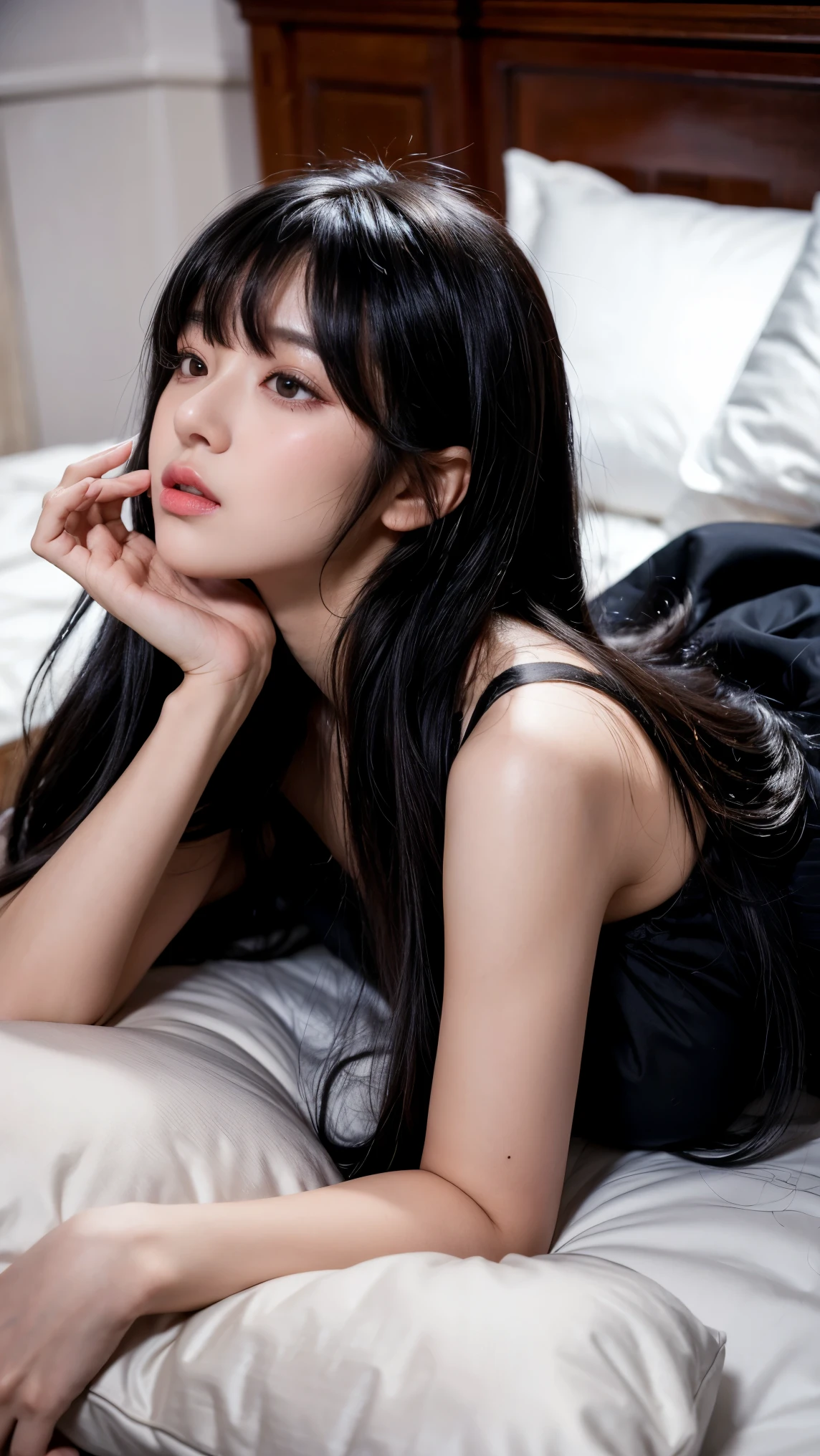 a beautiful 18 year old slim sexy female, black short sleeve nightdress, laying on a bed, visible legs, touching herself