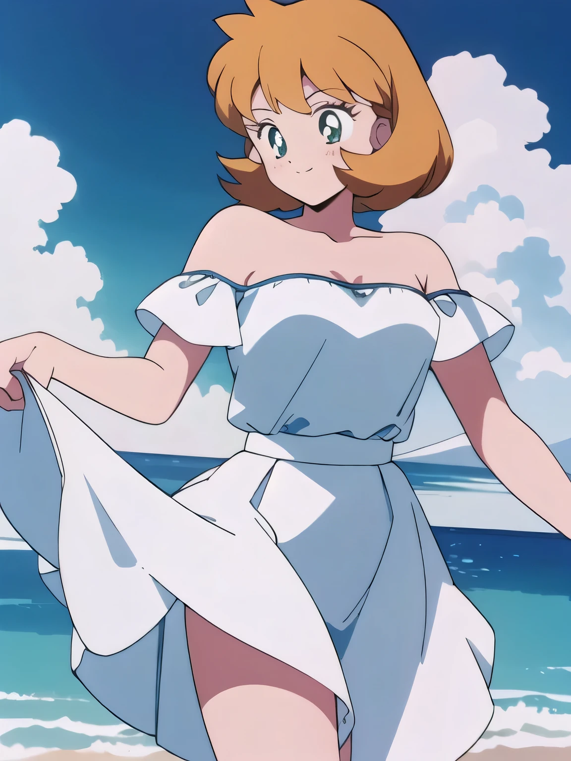 (retro anime girl:1.2), (white dress:1.1), (masterpiece:1.2), (best quality), (ultra detailed), (8k,4k), (half body:1.2), (cowboy:1.2), (close up:1.2), (highly detailed:1.2), (white Ruffle Off-the-shoulder top:1.4), (white Maxi skirt:1.4), mistymature, 1 girl, solo, Best quality, masterpiece, High Definition, Teenager, Green Eyes, Beautiful Detail Eyes, Orange Hair, Good hands at sides, Smile, Blushing, Bare Neck, Bare Arms, Bare Shoulders, short sleeve, Strapless, White Ruffle Off-the-Shoulder Top, White Off-the-shoulder Dress, White maxi dress, walking on the beach with bare feets, Background, blue skies, Close up,
