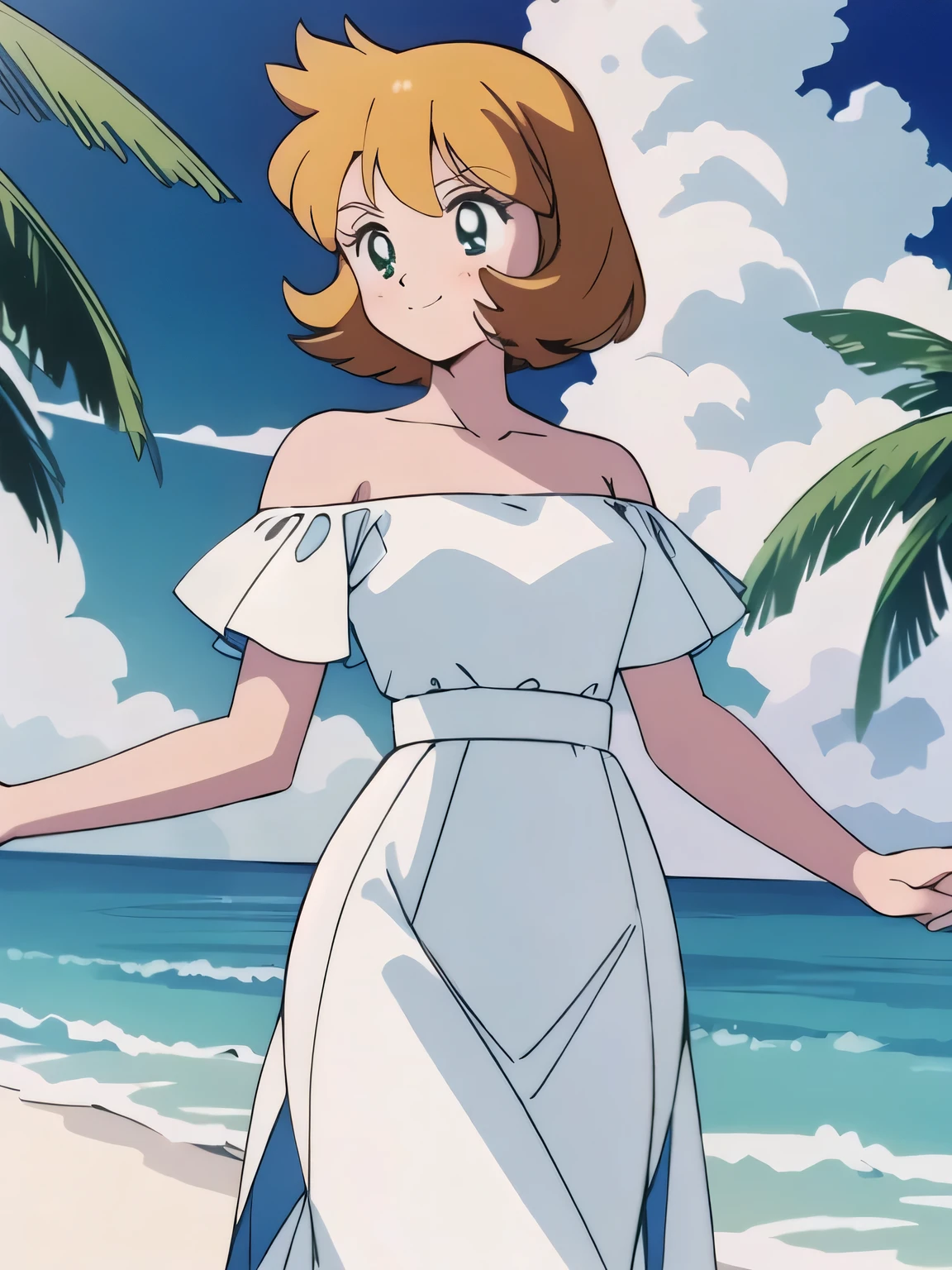 (retro anime girl:1.2), (white dress:1.1), (masterpiece:1.2), (best quality), (ultra detailed), (8k,4k), (half body:1.2), (cowboy:1.2), (close up:1.2), (highly detailed:1.2), (white Ruffle Off-the-shoulder top:1.4), (white Maxi skirt:1.4), mistymature, 1 girl, solo, Best quality, masterpiece, High Definition, Teenager, Green Eyes, Beautiful Detail Eyes, Orange Hair, Good hands at sides, Smile, Blushing, Bare Neck, Bare Arms, Bare Shoulders, short sleeve, Strapless, White Ruffle Off-the-Shoulder Top, White Off-the-shoulder Dress, White maxi dress, walking on the beach with bare feets, Background, blue skies, Close up,
