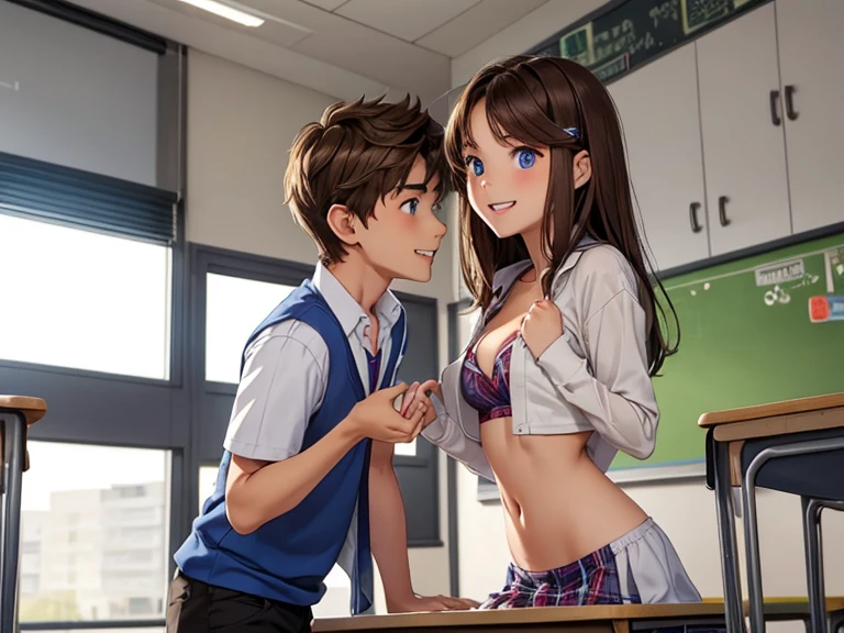 ((1 boy and 1 girl alone in a classroom)), makup, Cute beautiful sexy 15 year old populer girl at school asking her crush out, cleaveage,15 year old handsome boy. Medium perfect perky, slim, boy with exited expression standing in front of her, boy looking At girl, girl with a seductive grin, boy holding naked girl at hips,seductive smirk, girl has blue eyes and brown hair, naked, no cloathes, nice ass, perfect body, bubble butt