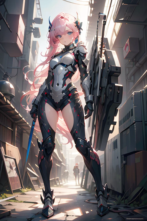 pink mullet hairstyle, Beautiful eyes with fine symmetry, (Intricate details:1.2), (Highly detailed face and eyes:1.2), machinery armor suit, hangar, 1 girl, anime, 2D, Science fiction, full body, (Highly detailed), (high resolution), (Best quality), (masterpiece)