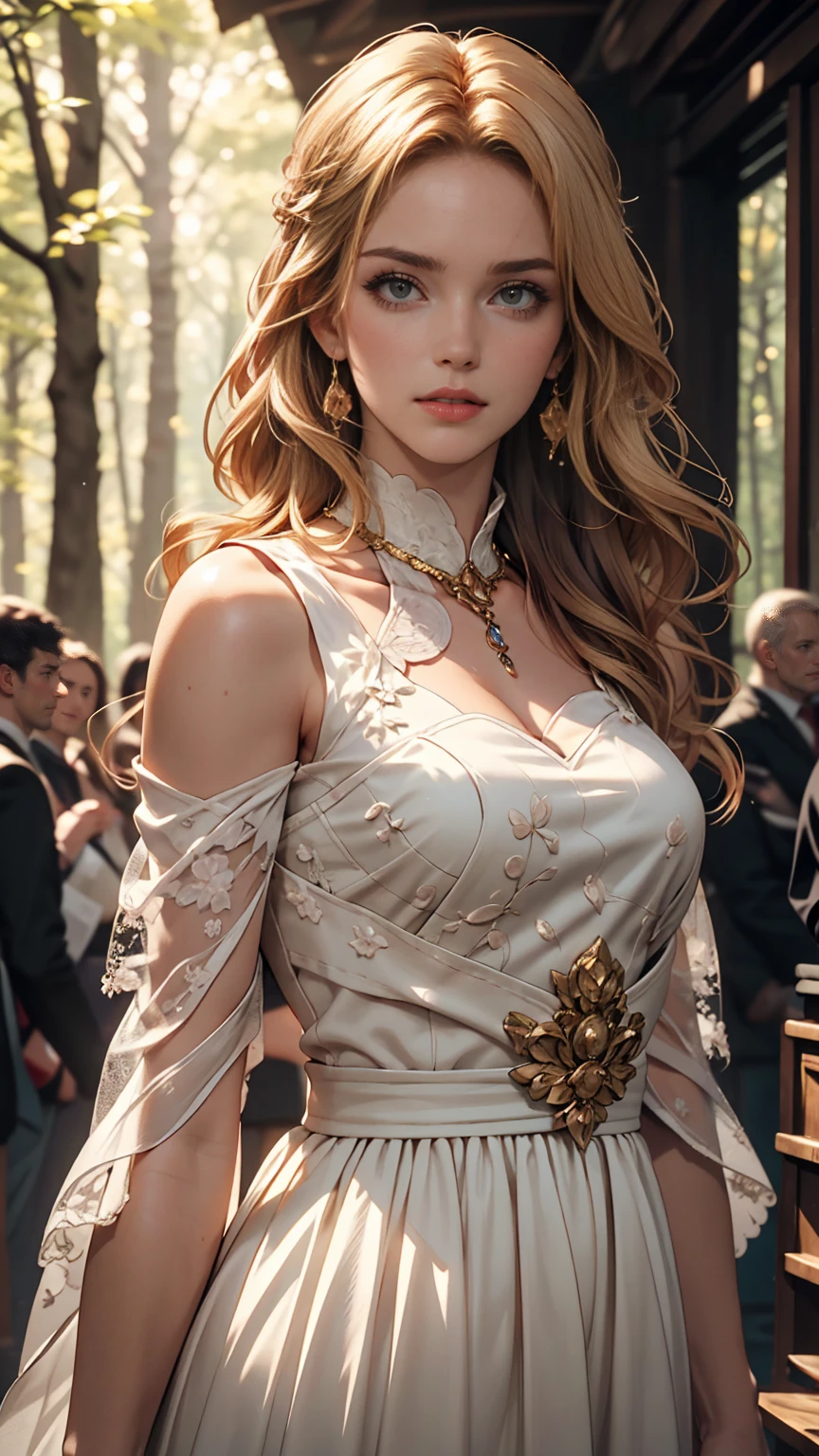 Beautiful girl with long white hair, Fair skin, and red eyes, In a forest with movie-like lighting, dark and little light. She is wearing a golden white dress, Her eyes were focused, Looking at the audience. Her skin is white, Her face was delicate and perfect., masterpiece, top quality works of art. This image is an incredibly detailed 8K CG wallpaper., Cinematic tones with artistic cinema lighting and neutral filters.