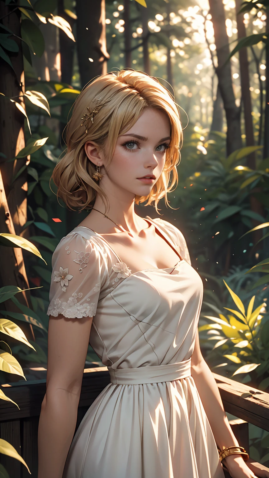 Beautiful girl with long white hair, Fair skin, and red eyes, In a forest with movie-like lighting, dark and little light. She is wearing a golden white dress, Her eyes were focused, Looking at the audience. Her skin is white, Her face was delicate and perfect., masterpiece, top quality works of art. This image is an incredibly detailed 8K CG wallpaper., Cinematic tones with artistic cinema lighting and neutral filters.