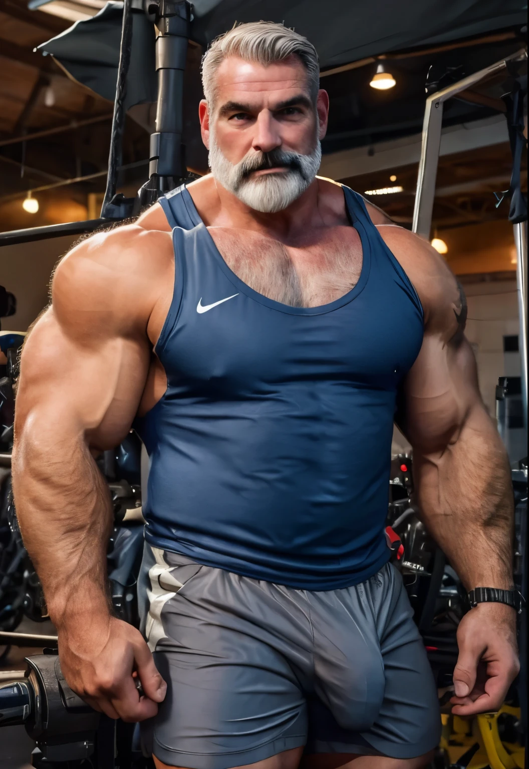 (handsome mature man), older man, gray hair, white man, wearing a tank top and sport shorts, bulge, (beefy:1.3), beard, looking at viewer, beautiful man, detailed eyes, symmetric face, smirk, robust, mustache, longer hair, lycra bycicle shorts, 