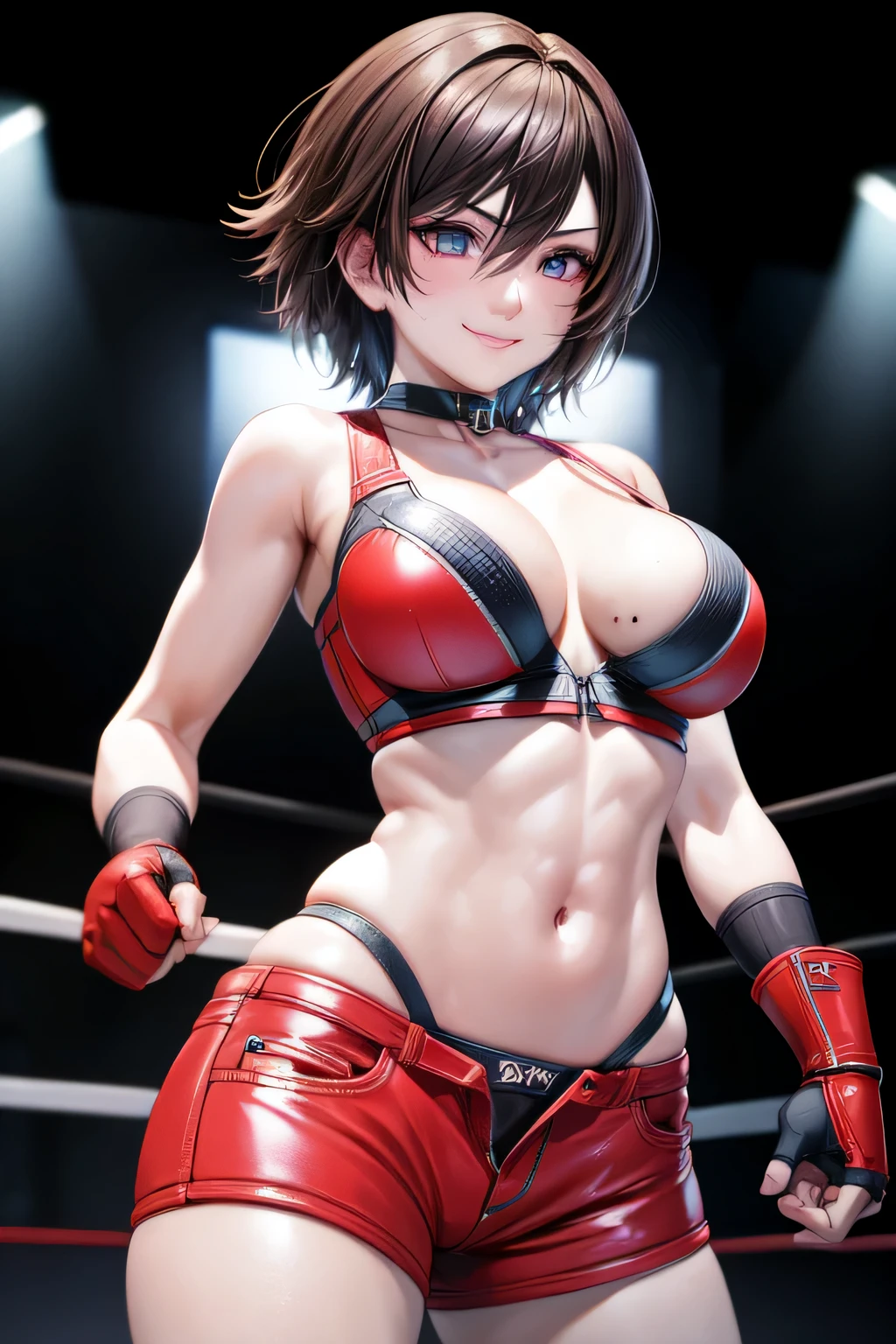 1girl,18yo,perfect hands, perfect finger,perfect anatomy,masterpiece, best quality,realistic, hyperrealistic, 16k hdr,,HINOMOTO_REIKO,large BREASTS,SHORT HAIR,BLACK HAIR,NAVEL, CLEAVAGE, BROWN EYES,BOOTS,CHOKER,MIDRIFF, FINGERLESS GLOVES,RED SHORT SHORTS,one mole on the chest,(boxing ring,spot light),sexy pose for photo,smile,from below