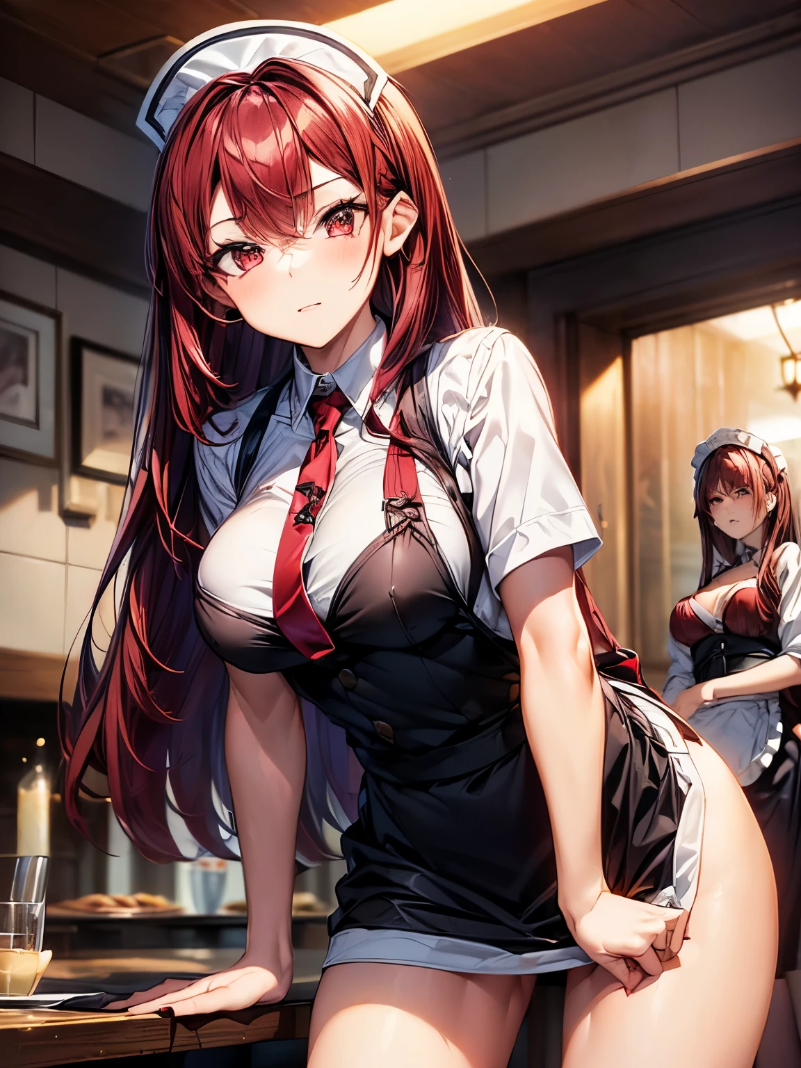 highest quality、Nice sexy body、One Woman、(solo)、((Beautiful busty woman:1.6))、(((Woman with dark red hair:1.3)))、Long hair woman、(((A woman in a waitress uniform:1.3)))