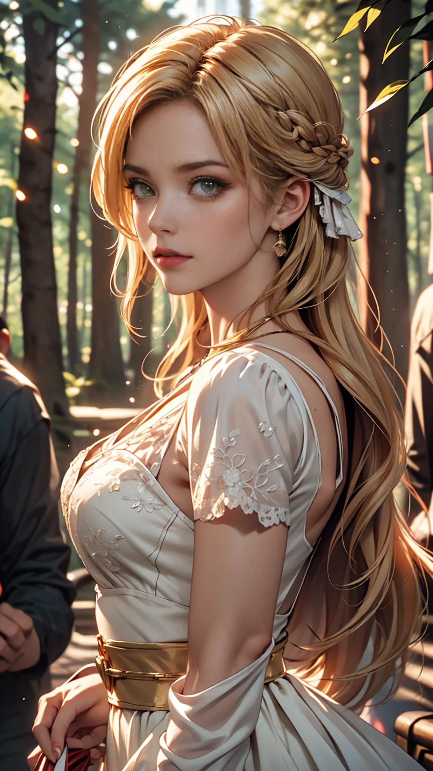 Beautiful girl with long white hair, Fair skin, and red eyes, In a forest with movie-like lighting, dark and little light. She is wearing a golden white dress, Her eyes were focused, Looking at the audience. Her skin is white, Her face was delicate and perfect., masterpiece, top quality works of art. This image is an incredibly detailed 8K CG wallpaper., Cinematic tones with artistic cinema lighting and neutral filters.