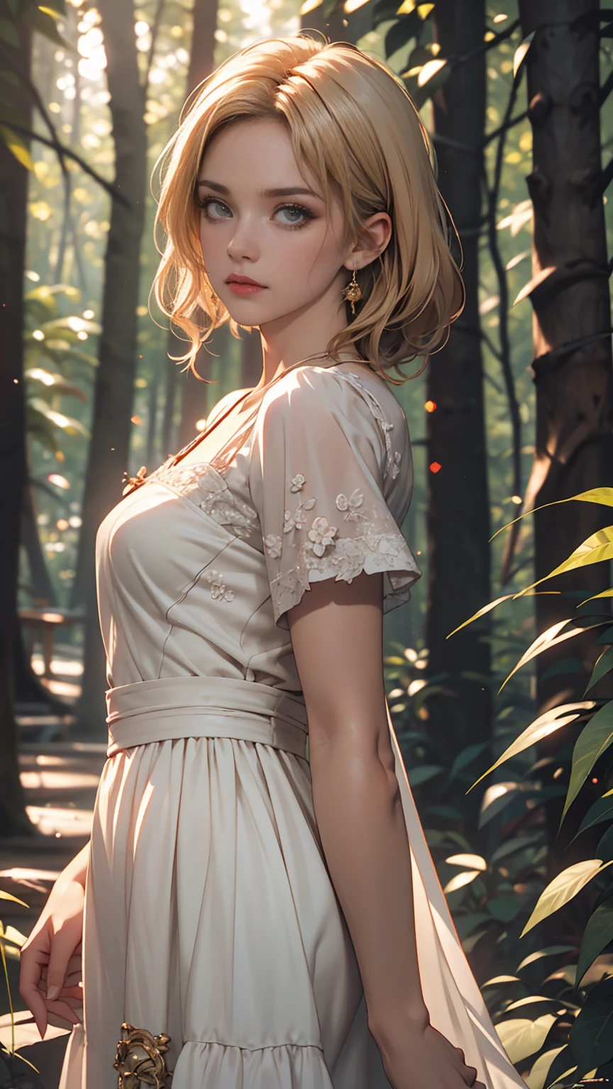 Beautiful girl with long white hair, Fair skin, and red eyes, In a forest with movie-like lighting, dark and little light. She is wearing a golden white dress, Her eyes were focused, Looking at the audience. Her skin is white, Her face was delicate and perfect., masterpiece, top quality works of art. This image is an incredibly detailed 8K CG wallpaper., Cinematic tones with artistic cinema lighting and neutral filters.