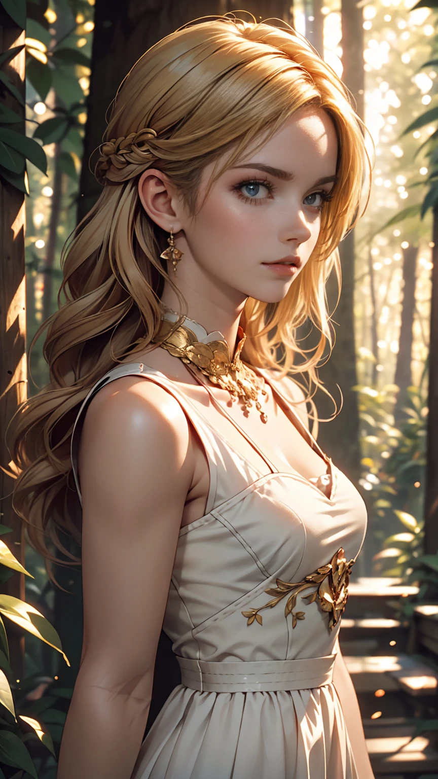 Beautiful girl with long white hair, Fair skin, and red eyes, In a forest with movie-like lighting, dark and little light. She is wearing a golden white dress, Her eyes were focused, Looking at the audience. Her skin is white, Her face was delicate and perfect., masterpiece, top quality works of art. This image is an incredibly detailed 8K CG wallpaper., Cinematic tones with artistic cinema lighting and neutral filters.