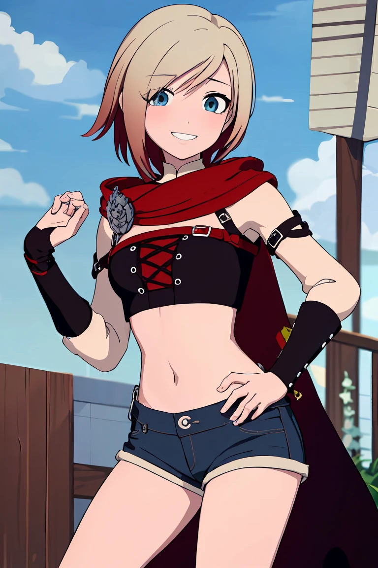 ((masterpiece,best quality)),  absurdres,
denim shorts, white crop top,
Ruby_RWBY,
solo, smiling, looking at viewer, cowboy shot,