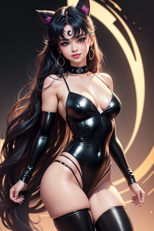 La imagen a cuerpo completo muestra a Sailor Moon, wearing a black latex leotard with black stockings, cabello rosa, ojos rojos, tatuajes en todo el cuerpo, posando de manera alegre, sonriendo, de fondo un ring de lucha libre, super detallado, cuerpo detallado, rostro detallado, dim lighting.