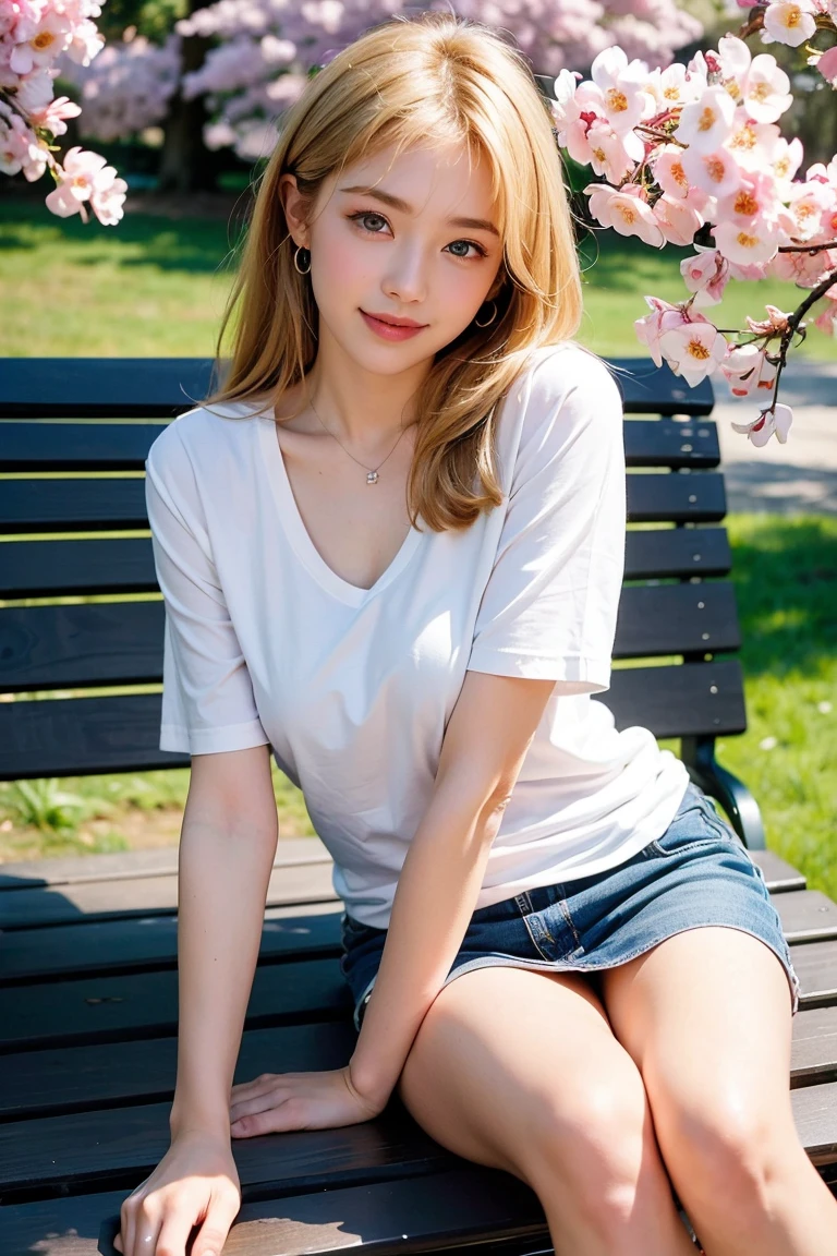 Save this image、(Correct hand shape:1.2), Pale face and eyes:1.3、薄くてPale face and eyes:1.3, blue eyes:1.5、{highest quality}, {{masterpiece}}, {Very delicate and beautiful}, Extraordinary light and shadow, Highly detailed wallpaper, Sunny and bright, whole body, whole body、 1 girl, , blush:1.2、Shaggy blonde medium-long hair:1.3, Cut your bangs at eyebrow height.:1.5、Strong sunlight,  (White T-shirt)、 mini skirt、Delicate Hair,Realistic skin texture, B cup breasts、Visible wrinkles on the skin., Broad shoulders:1.2, ((A strong light shines on your face:1.5)), color々Strike a Pose:1.5, necklace、ring、earrings、(Toothy smile:1,5)、Background of a park with cherry blossoms in full bloom:1.5, Ray Tracing、(Sit on a bench with your legs stretched out:1.5)