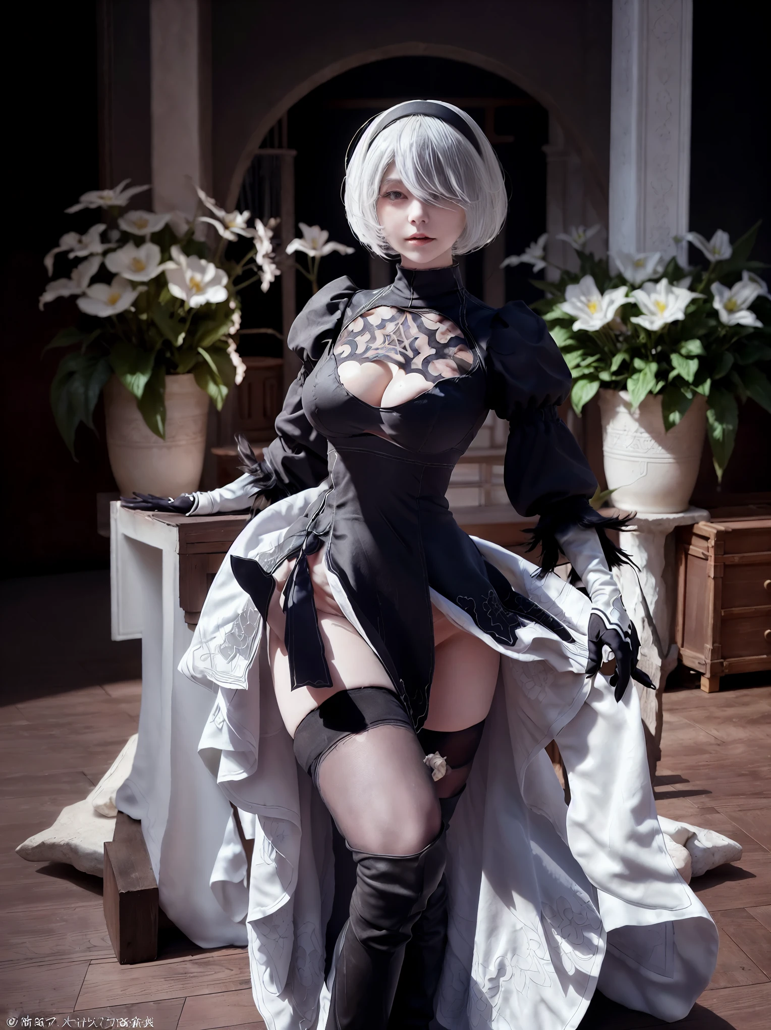 nier:Beautiful cosplay of 2B from Automata、2B、A woman cosplaying as 2B、White skin、tall、Great style、Big Breasts、Small face、High nose、Sharp Eye、Beautiful Face、Beautiful face、30 years old、British women、Half British、nier:2B&#39;s black costume from Automata、Light background、Blur the background、Fantasyな都市を背景に、Standing in a cool pose、Shooting from a diagonal angle、masterpiece、highest quality、high resolution、Cosplayer Photos、Professional Photos、Fantasy、Glaring at the camera、Cosplay makeup style、Real Cosplay Photo、Cool and beautiful photos、Portrait、Wrapped in a pale white glow、like、happiness、Kindness