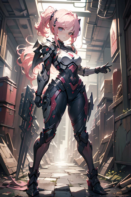 pink mullet hairstyle, Beautiful eyes with fine symmetry, (Intricate details:1.2), (Highly detailed face and eyes:1.2), machinery armor suit, dynamic pose, 1 girl, anime, 2D, Science fiction, full body, (Highly detailed), (high resolution), (Best quality), (masterpiece)
