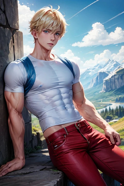 Boy with blonde hair, muscular build, slim blue eyes, white t-shirt, blue vest with stars, red pants, blue denim pants, big brown falcon wings on his back, mountains background 