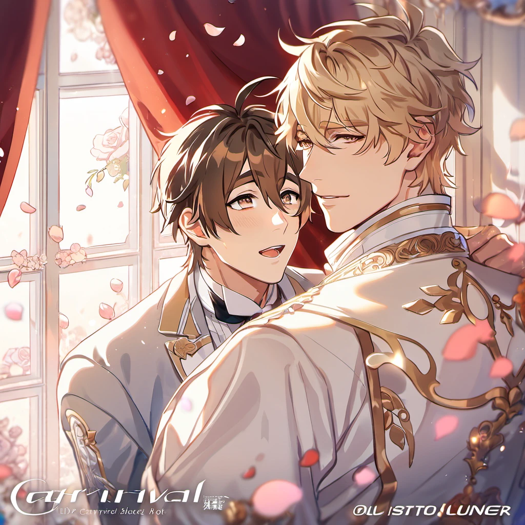 absurdres, highres, ultra detailed, HDR, master piece, best quality, Eiden, brown hair, expressive brown eyes, Nu Carnival, Quincy, blond messy hair, expressive amber eyes, two men together, gay couple, handsome, fantasy black and white clothes, red curtains, window, petals