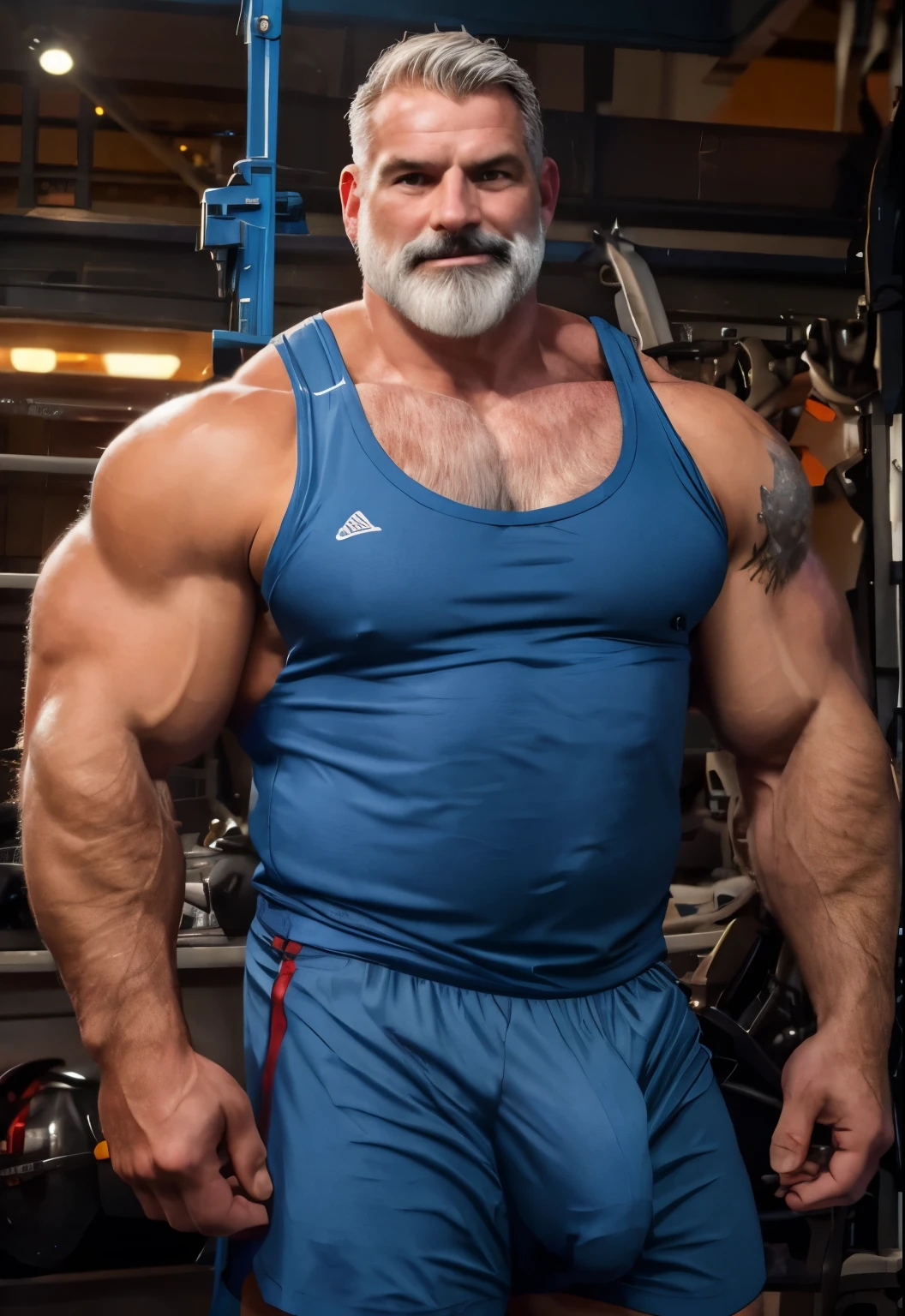 (handsome mature man), older man, gray hair, white man, wearing a tank top and sport shorts, bulge, (beefy:1.3), beard, looking at viewer, beautiful man, detailed eyes, symmetric face, smirk, robust, mustache, longer hair, tight lycra bycicle shorts, 