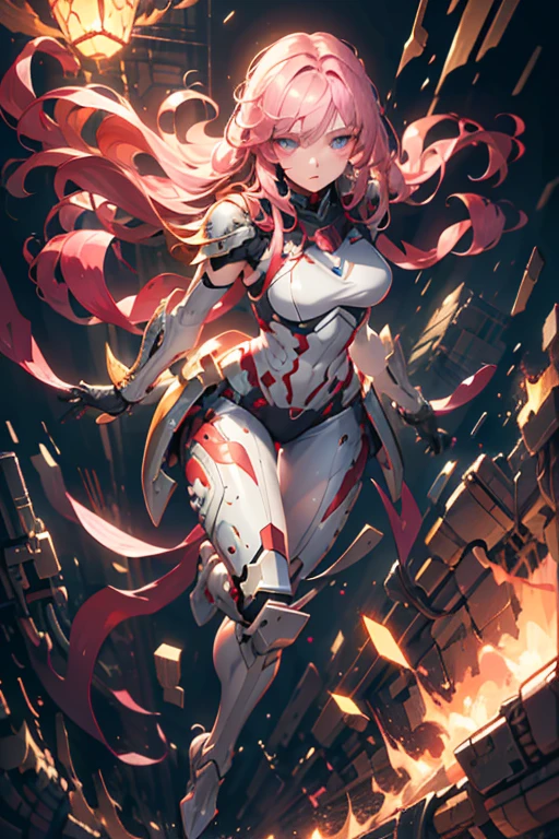 pink mullet hairstyle, Beautiful eyes with fine symmetry, (Intricate details:1.2), (Highly detailed face and eyes:1.2), machinery armor suit, dynamic pose, 1 girl, anime, 2D, Science fiction, full body, (Highly detailed), (high resolution), (Best quality), (masterpiece)