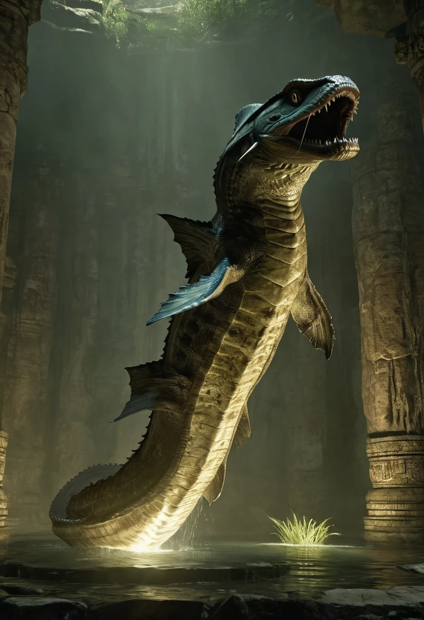 best quality,4k,8k,highres,masterpiece:1.2,ultra-detailed,realistic:1.37, menacing colossus,exquisite,electric eel-like,made of stone,haunting,breathtaking design,dynamic angle,from the side,(An extraplanar colossus is wrecking havoc around the environment, shooting an energy hyperbeam from its mouth. Its exquisite shape resembles an electric eel),(Its segmented stone skin has fuzzy filled grooves in its spine.),intricate patterns,mysterious atmosphere,shadowy brilliance,dimly lit, intense focus on details,gloomy and enigmatic, vivid colors,vibrant hues,subtle shading,stark contrast, soft and diffused lighting,casting eerie shadows, (exquisite biome),dense putrid jungle,ruined  ancient temple,mystical glow, imposing and menacing presence,nightmarish encounter,ominous aura,mystifying allure, sinister vibration,spreading unease,inducing awe, magnificent creature,dark enchantment, Cinematic