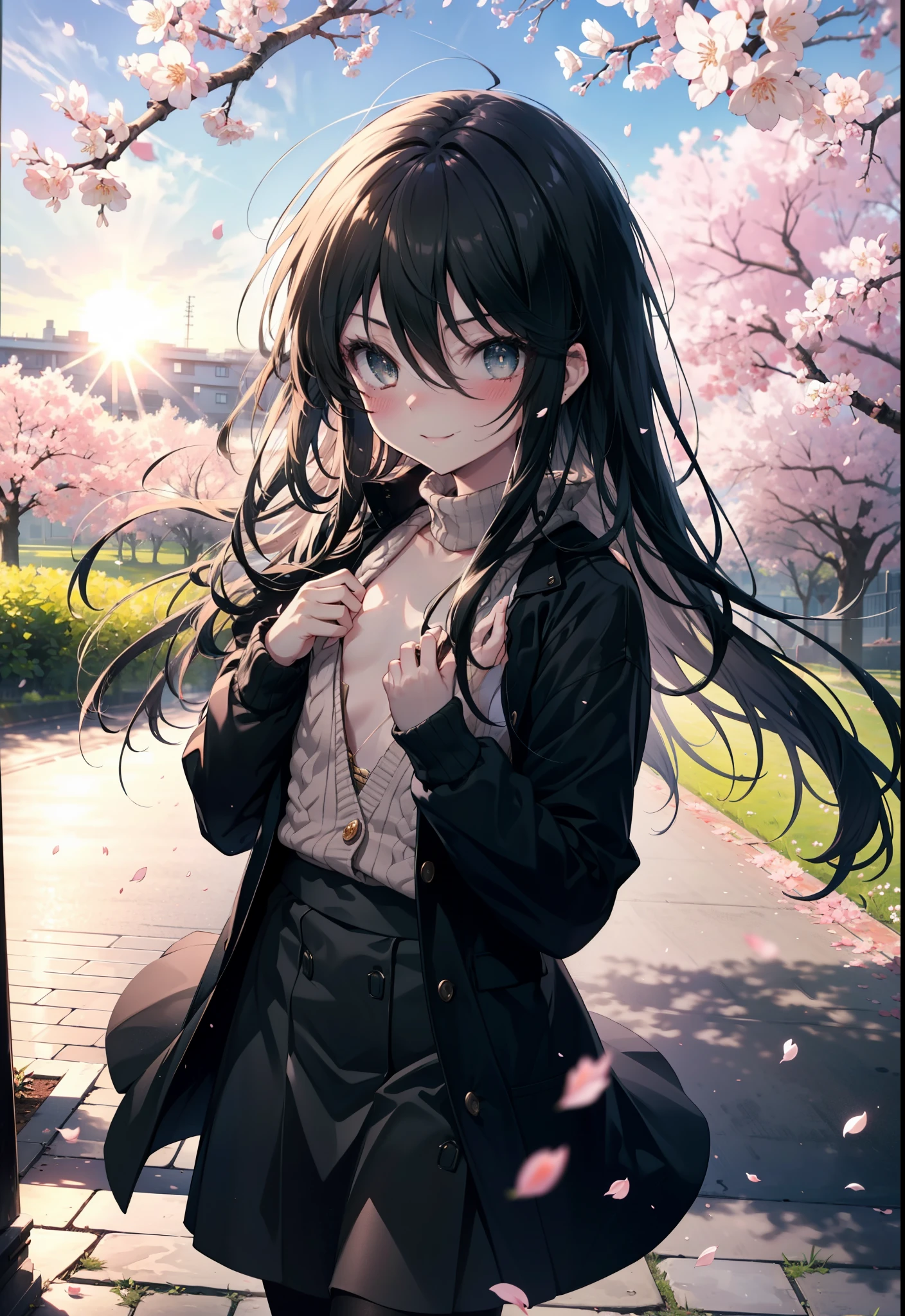 Shana,灼眼のShana,Long Hair,Black Hair, (black eye:1.5) (Flat Chest:1.2),smile,blush,Tokkuri Sweater,Long skirt,Black pantyhose,Mini Boots,Cherry blossom tree-lined path,Cherry blossoms are blooming,Cherry blossoms are scattered,morning,morning陽,The sun is rising,Looking down from above,
break looking at viewer, (Cowboy Shot:1. 5)
break outdoors, garden,
break (masterpiece:1.2), highest quality, High resolution, unity 8k wallpaper, (figure:0.8), (Detailed and beautiful eyes:1.6), Highly detailed face, Perfect lighting, Extremely detailed CG, (Perfect hands, Perfect Anatomy),