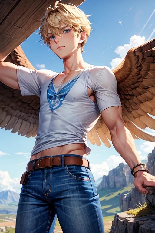 Boy with blonde hair, slim muscular complexion with large brown falcon wings on his back, blue eyes, white t-shirt, blue vest with stars, red pants, blue denim pants, large brown falcon wings on his back, mountain background 