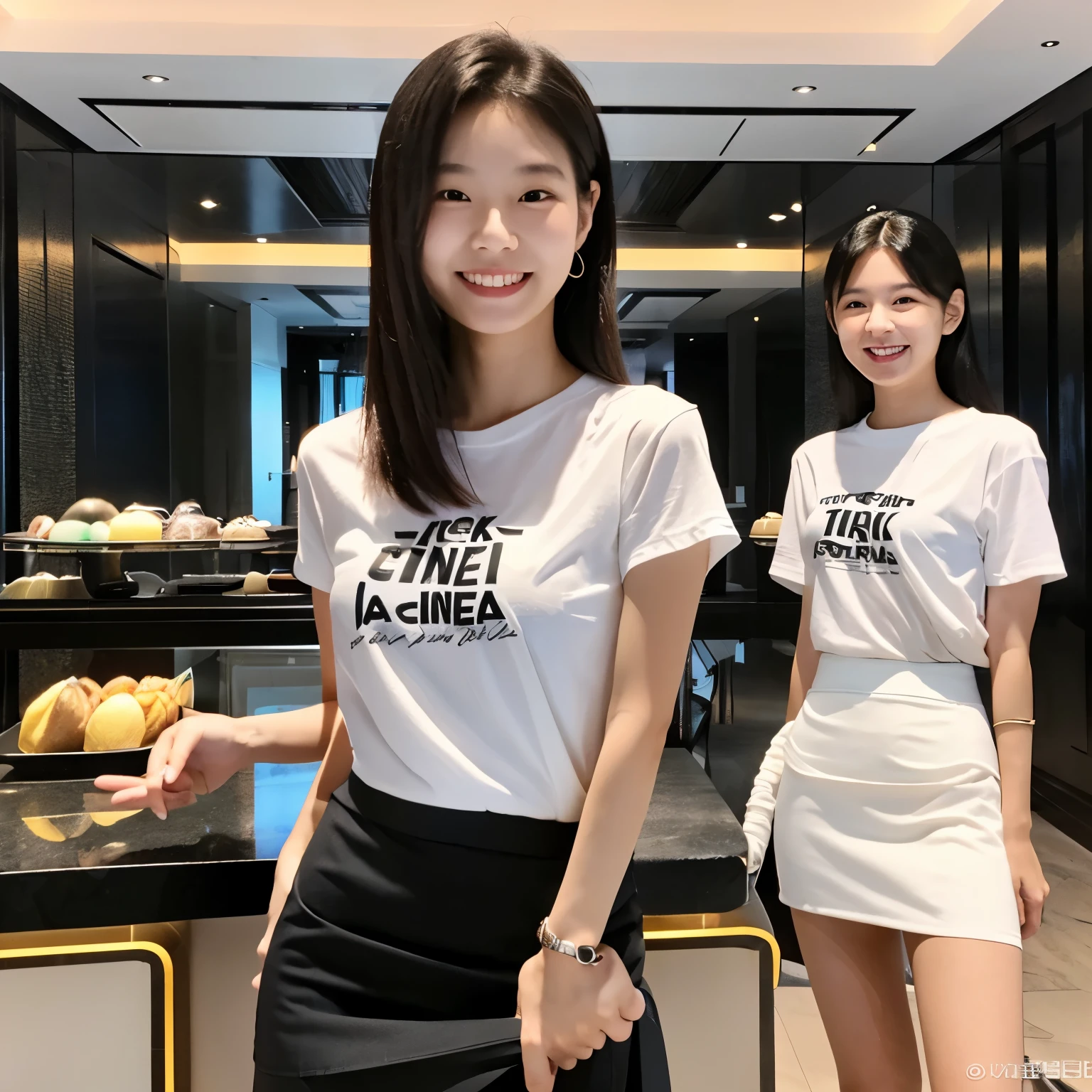4k, cute and skinny Korean woman,18yo, (Black business tight skirt:1.5), ((white:1.5) transparent thin t-shirt), ((all four:1.5)), concierge, smiling, innocent,at hotel lobby, many women in background, detailed face and eyes