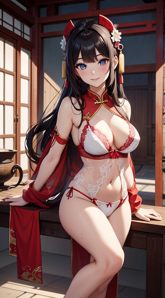 masterpiece,8k,top quality,1 chinese beauty girl,Revlon ancient Chinese style,ultra large brest,tyte west,a few open red mouth,red tieek,goddess smile,many wet skin,big blue eyes,full body:1.4,many
shyny clothes,transparent sheer tight-fitting white lingerie,transparent lace bra,nipple,