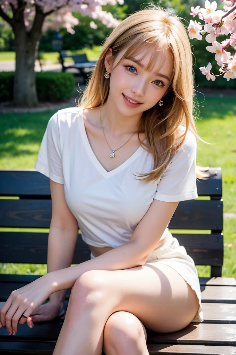 Save this image、(Correct hand shape:1.2), Pale face and eyes:1.3、細くて薄いPale face and eyes:1.3, blue eyes:1.5、{highest quality}, {{masterpiece}}, {Very delicate and beautiful}, Extraordinary light and shadow, Highly detailed wallpaper, Sunny and bright, whole body, whole body、 1 girl, , blush:1.2、Shaggy blonde medium-long hair:1.3, Cut your bangs at eyebrow height.:1.5、Strong sunlight,  (White T-shirt)、 mini skirt、Delicate Hair,Realistic skin texture, B cup breasts、Visible wrinkles on the skin., Broad shoulders:1.2, ((A strong light shines on your face:1.5)), color々Strike a Pose:1.5, necklace、ring、earrings、(Toothy smile:1,5)、Background of a park with cherry blossoms in full bloom:1.5, Ray Tracing、(Sit with your legs crossed on a bench:1.5)