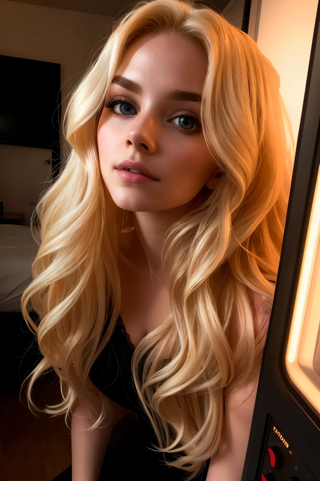 Within a desolate bedroom, an ethereal blonde woman emerges from a flickering CRT television, her extra-long, wavy blonde hair cascading down as she climbs out, her gaze both alluring and chilling. ((Portrait)), ((Detailed face:1.2)), ((detailed facial features)), and (finely detailed skin) are accentuated in this hauntingly beautiful image. Her pale complexion contrasts with the cold, dimly lit environment. The bedroom is filled with a moist, eerie atmosphere, and reflectors are strategically placed to enhance the (masutepiece) effect, resulting in a perfectly proportioned, photo-realistic image captured in a Can