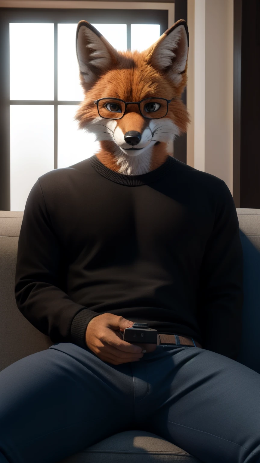 An adult man in his 30s wearing an anthropomorphic fox fur suit., con lentes puestos, alone in the back of a room sitting on a couch, sosteniendo un controlador de videojuego con cable y mirando un televisor, sonriendo de forma exagerada, con una playera negra. Con un pants negro