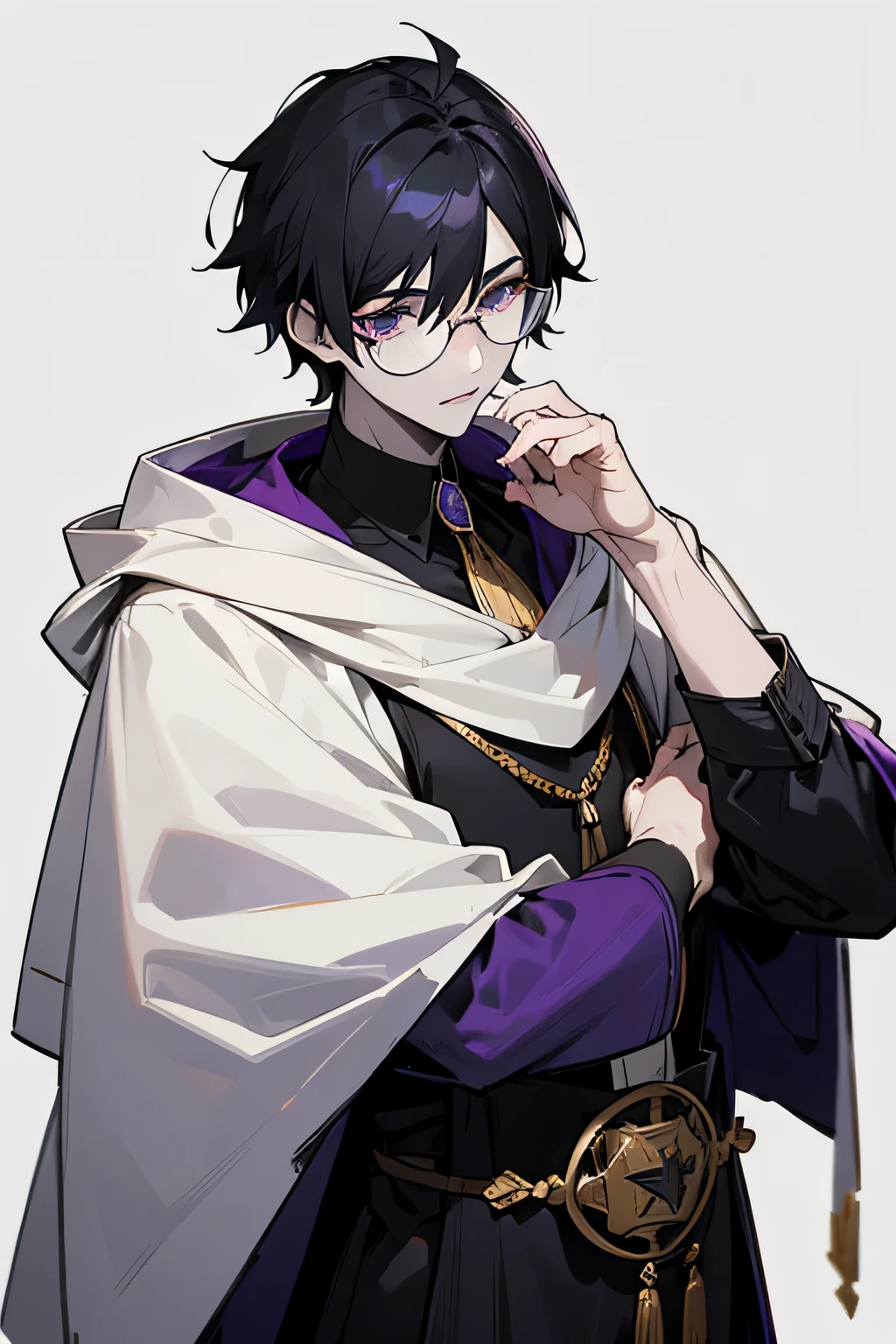 Male character, white skin tone, black hair, who has glasses, could be with a long purple hood but with details attached to the body, who has a half-concealed tattoo under the ear with a 16 in Romans (XVI),