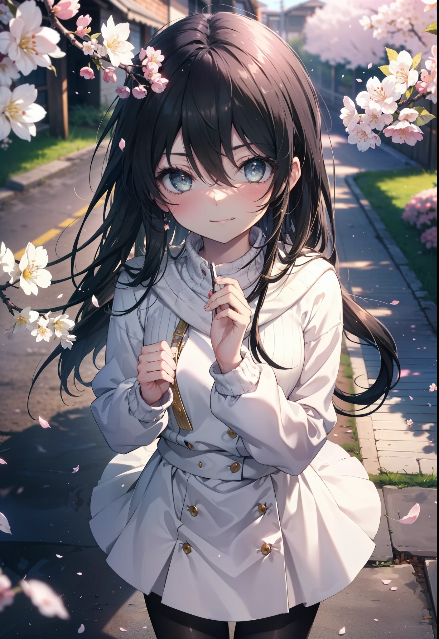 Shana,灼眼のShana,Long Hair,Black Hair, (black eye:1.5) Small breasts,smile,blush,White Sweater,Long skirt,Black pantyhose,Mini Boots,Cherry blossom tree-lined path,Cherry blossoms are blooming,Cherry blossoms are scattered,morning,morning陽,The sun is rising,Looking down from above,
break looking at viewer, (Cowboy Shot:1. 5)
break outdoors, garden,
break (masterpiece:1.2), highest quality, High resolution, unity 8k wallpaper, (figure:0.8), (Detailed and beautiful eyes:1.6), Highly detailed face, Perfect lighting, Extremely detailed CG, (Perfect hands, Perfect Anatomy),